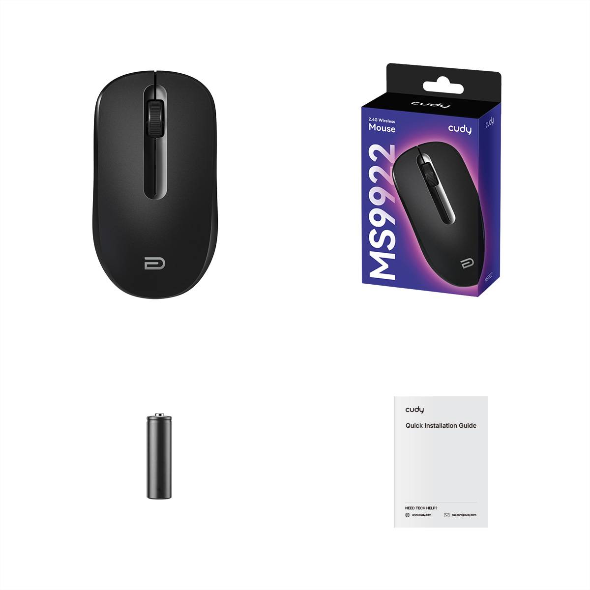 Schwarze kabellose Maus mit USB-Empfänger, Einzelhandelsverpackung und Schnellinstallationsanleitung auf weißem Hintergrund.