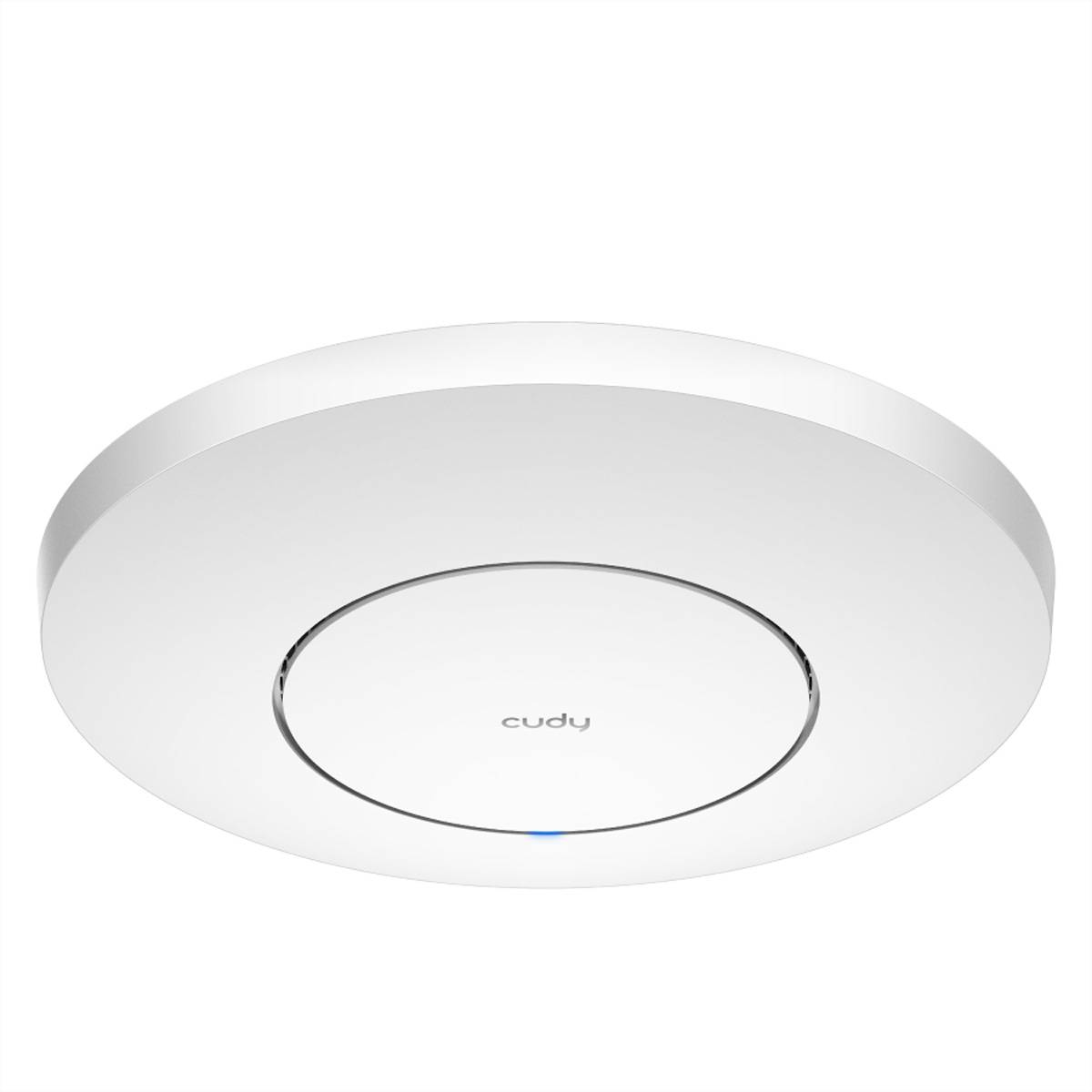 Weißer an der Decke montierter Wi‑Fi-Zugangspunkt/Router mit einem kreisförmigen Cudy-Logo in der Mitte und einem kleinen blauen Statuslicht.