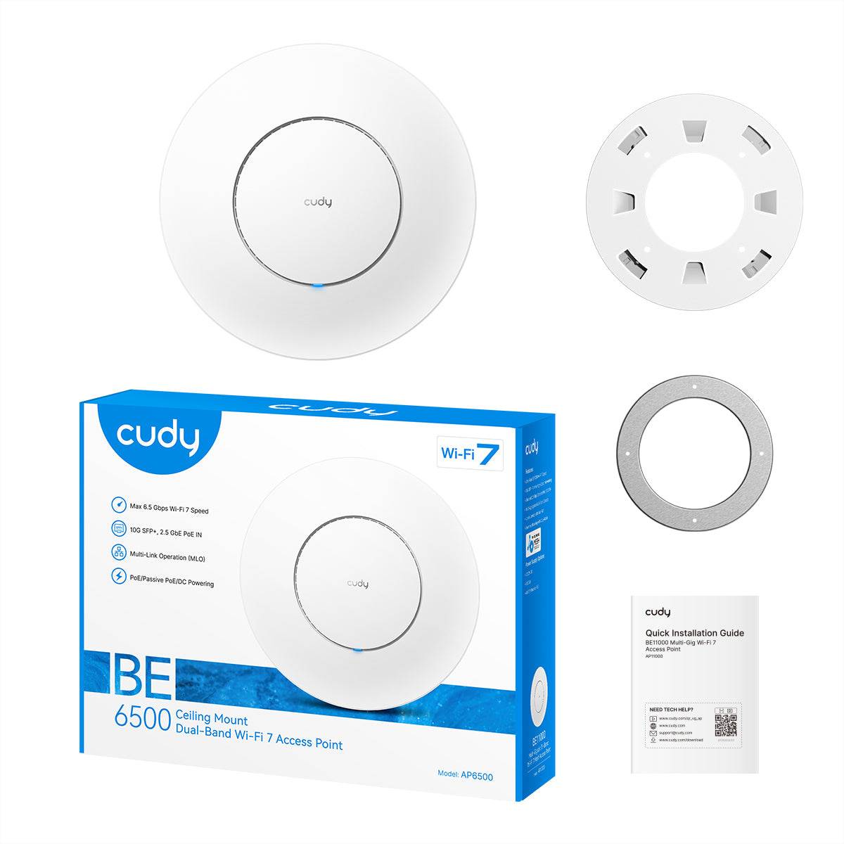 Cudy Wi‑Fi 7 Deckenhalterungs-Dual-Band-Zugangspunkt, dargestellt mit Montierungsring, Verpackung und Schnellinstallationsanleitung.