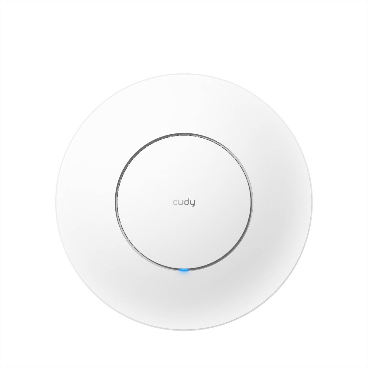 Draufsicht eines weißen Cudy-WLAN-Routers mit einem zentralen kreisförmigen LED-Ring und einem kleinen blauen Licht unten.