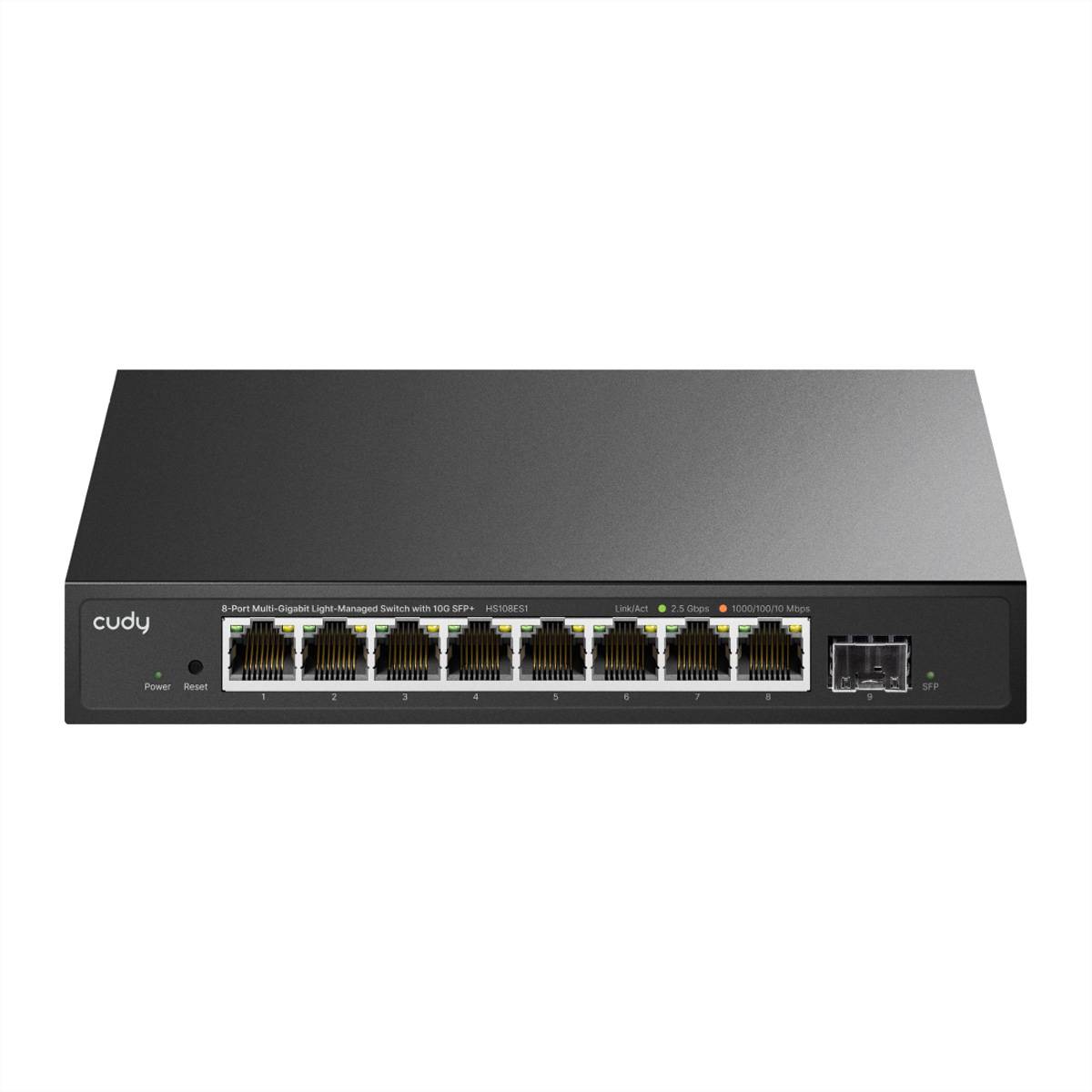 Vorderansicht eines Cudy 8-Port-Gigabit-verwalteter Ethernet-Switch mit LED-Indikatoren und einem Uplink-Port, dargestellt auf weißem Hintergrund.