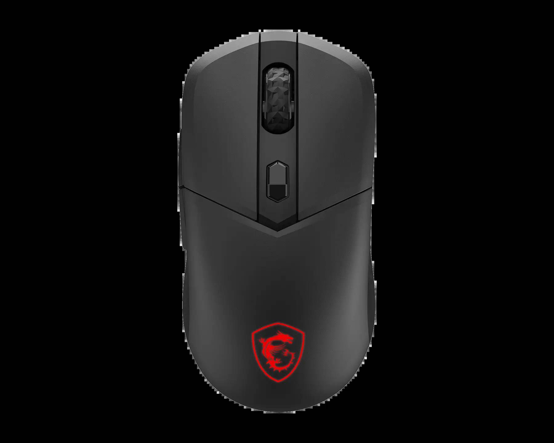 Schwarze kabellose Gaming-Maus mit rotem MSI-Drachenlogo und Scrollrad, gezeigt auf einfachem dunklem Hintergrund.