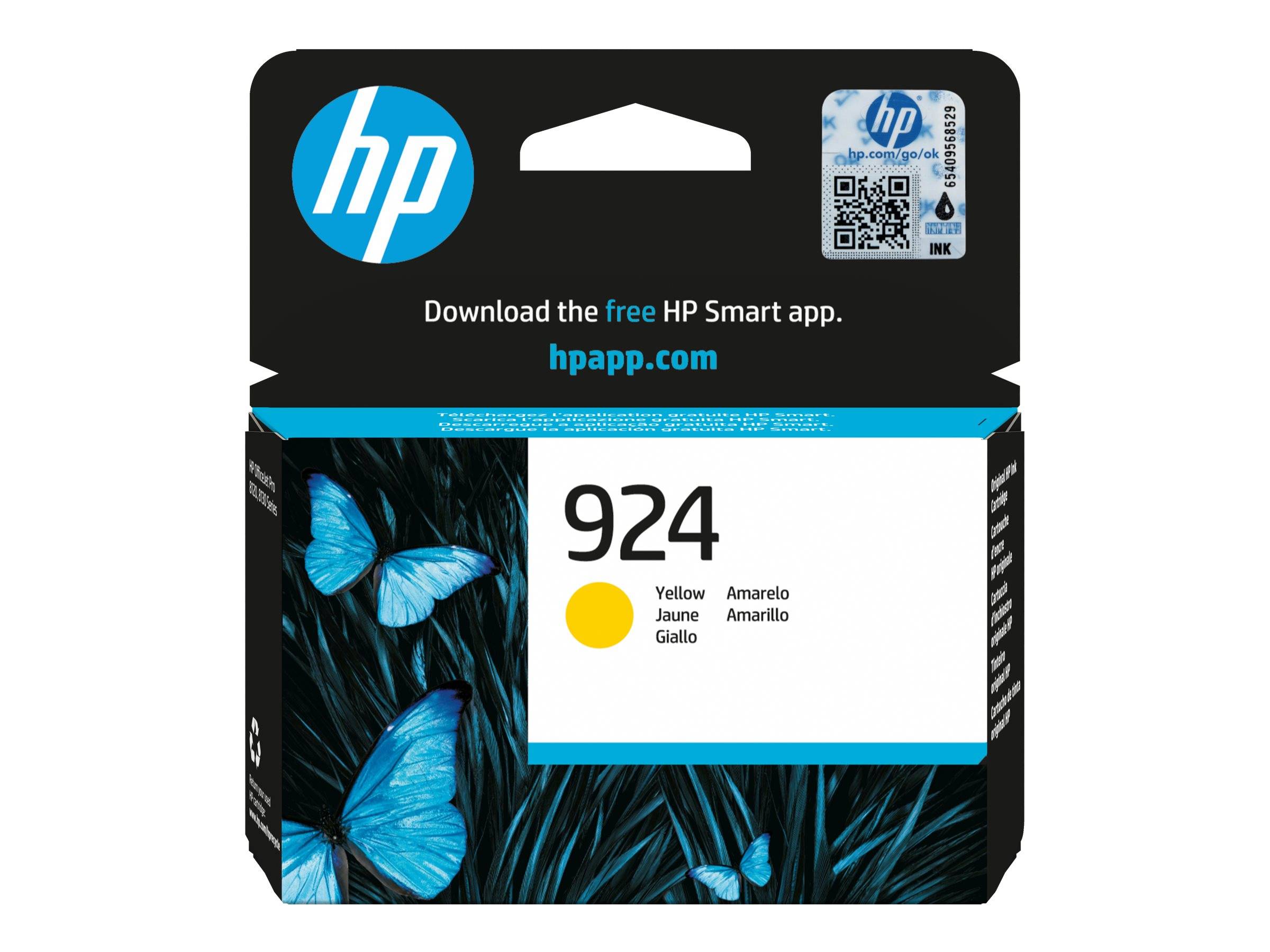 HP 924 gelbe Tintenpatrone mit blauem Schmetterlingsdesign und Text zur Bewerbung der HP Smart App.