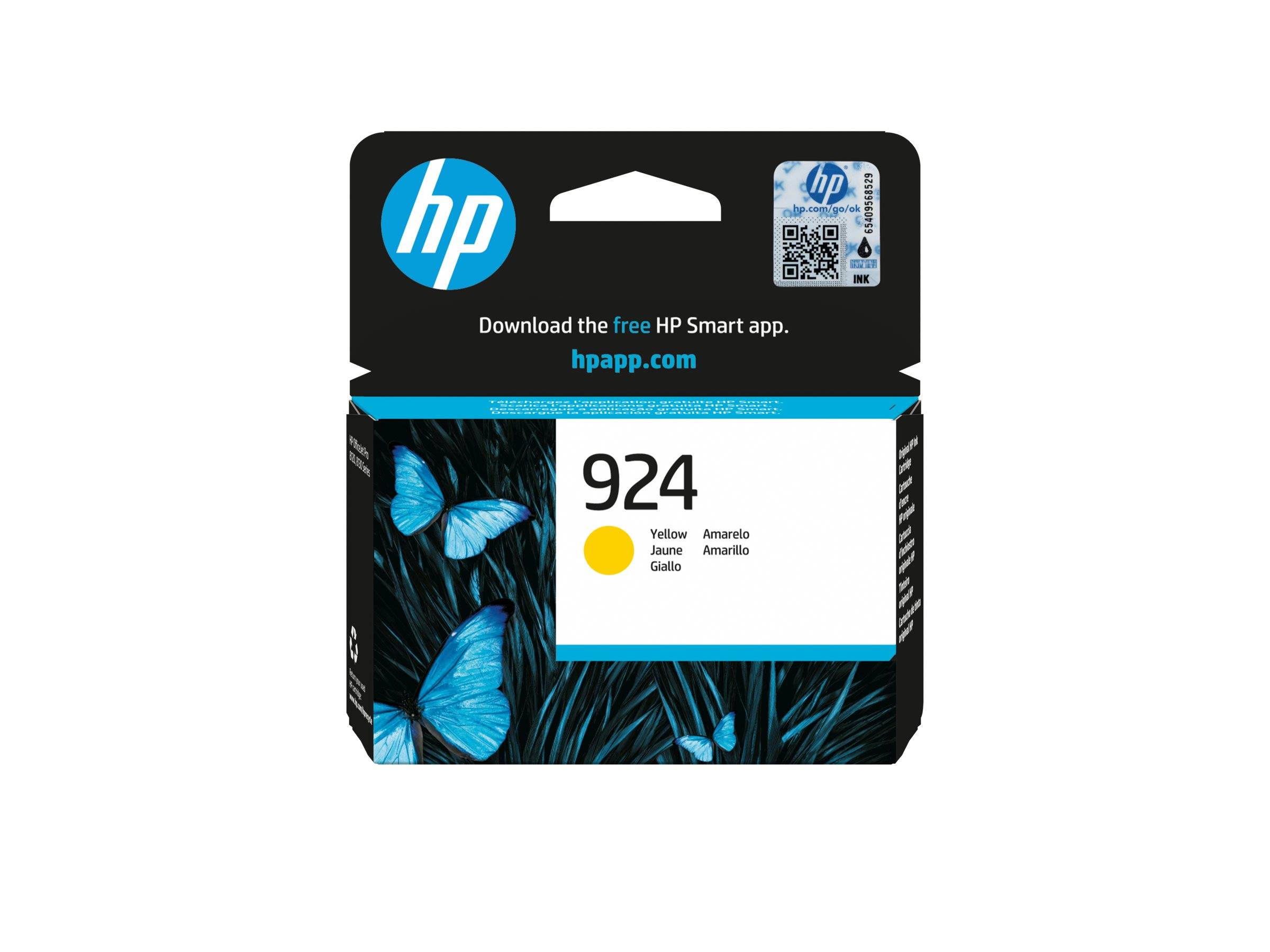 HP 924 Gelb-Tintenpatrone mit blauem Schmetterlingsdesign und QR-Code, mit der Aufschrift „Laden Sie die kostenlose HP Smart-App herunter