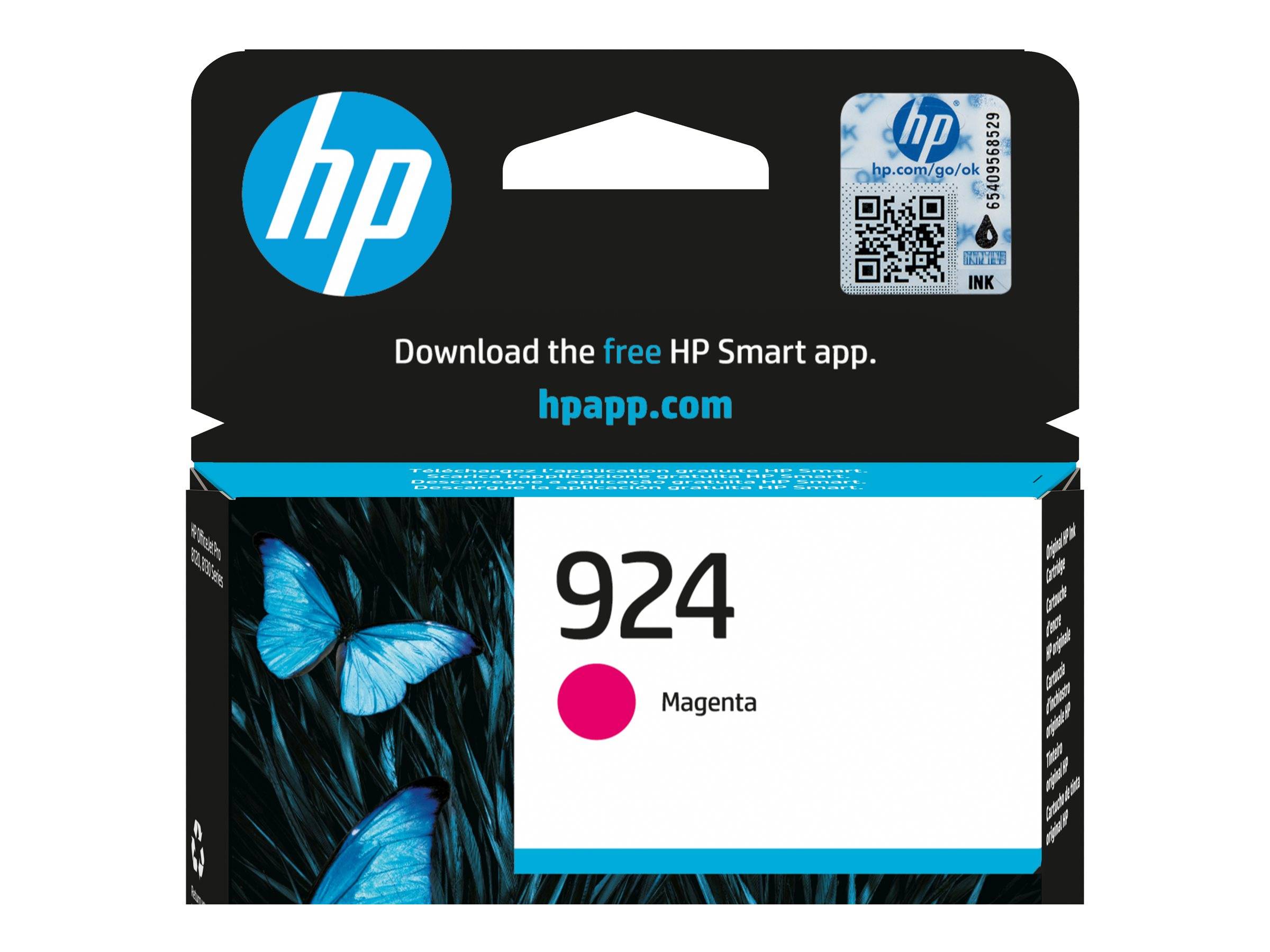 HP 924 Magenta-Tintenpatrone mit HP-Logo, Schmetterlingsabbildung und Text „Laden Sie die kostenlose HP Smart App herunter