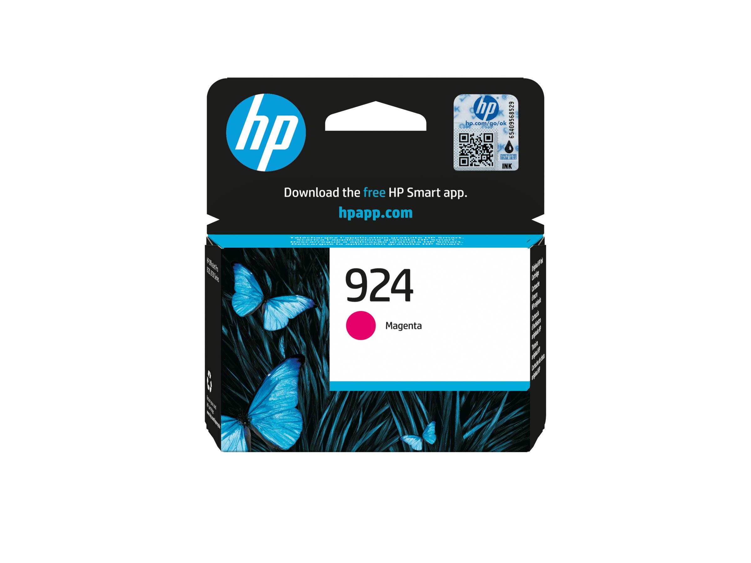 HP 924 Tintenpatrone in Magenta mit HP-Logo, QR-Code und Text „Laden Sie die kostenlose HP Smart-App herunter