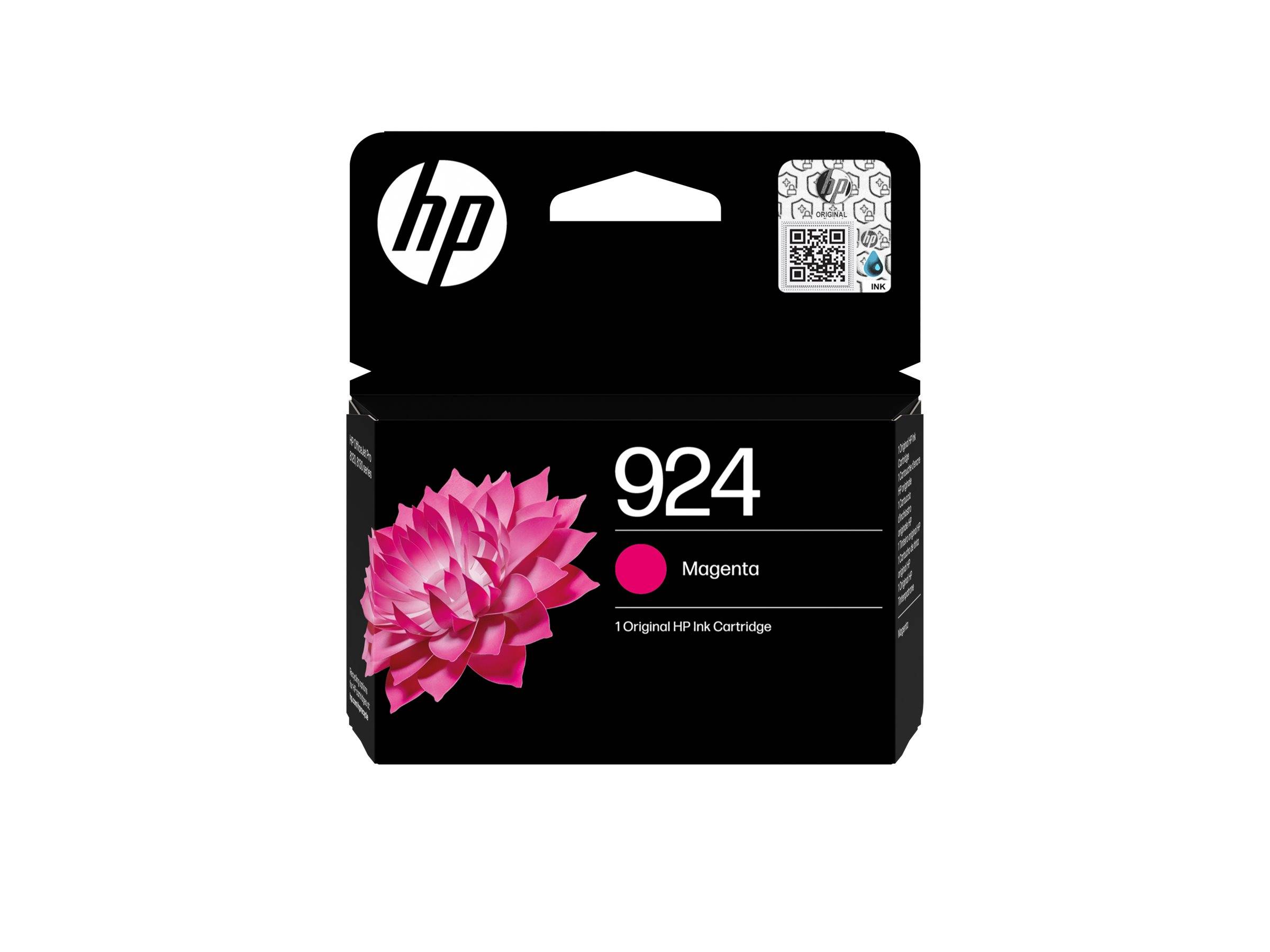 HP 924 Magenta-Tintenpatrone in einer Schachtel mit HP-Logo und Blumengrafik auf schwarzer Verpackung.