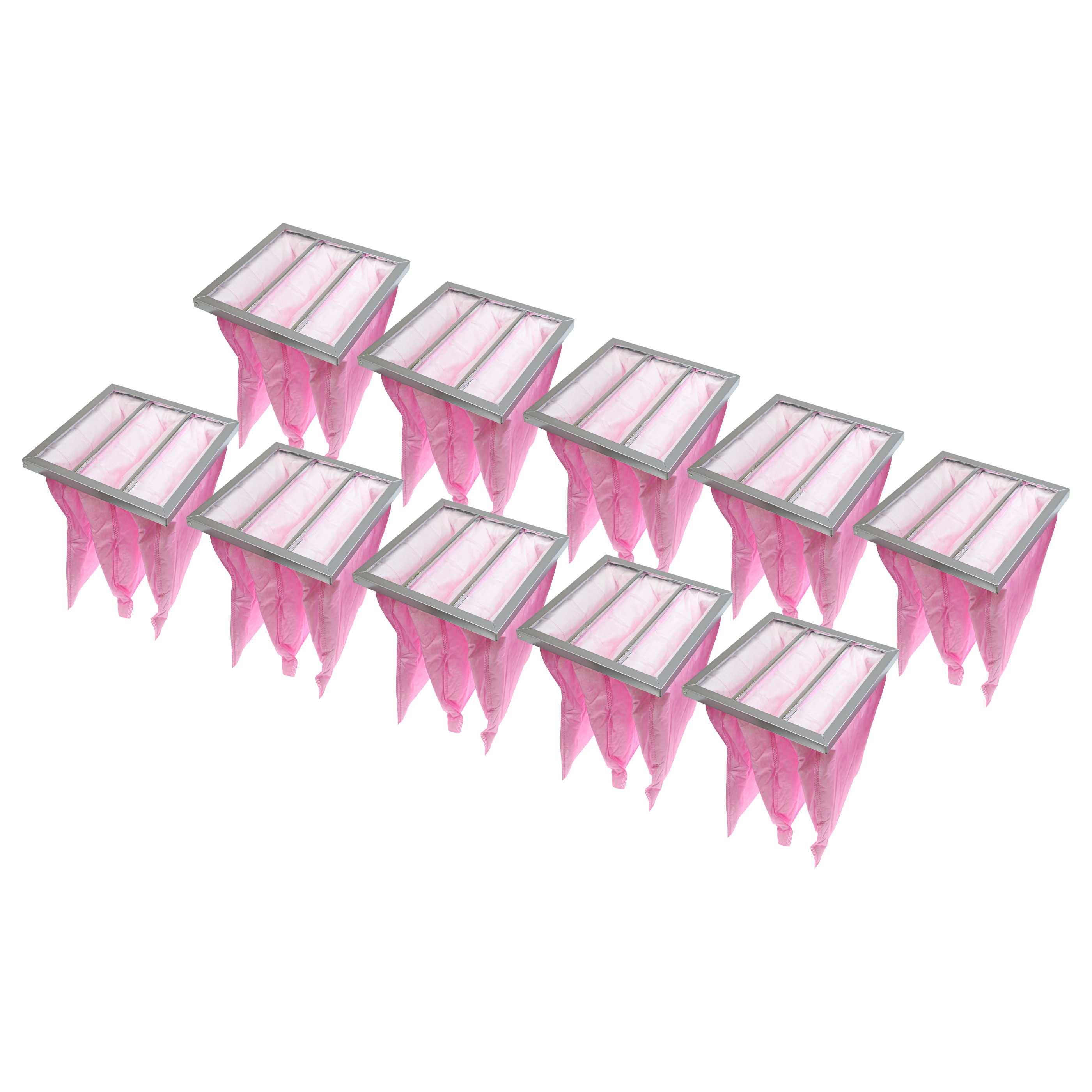 Mehrere rosa kegelförmige Luftfilter in Reihen auf weißem Hintergrund angeordnet.