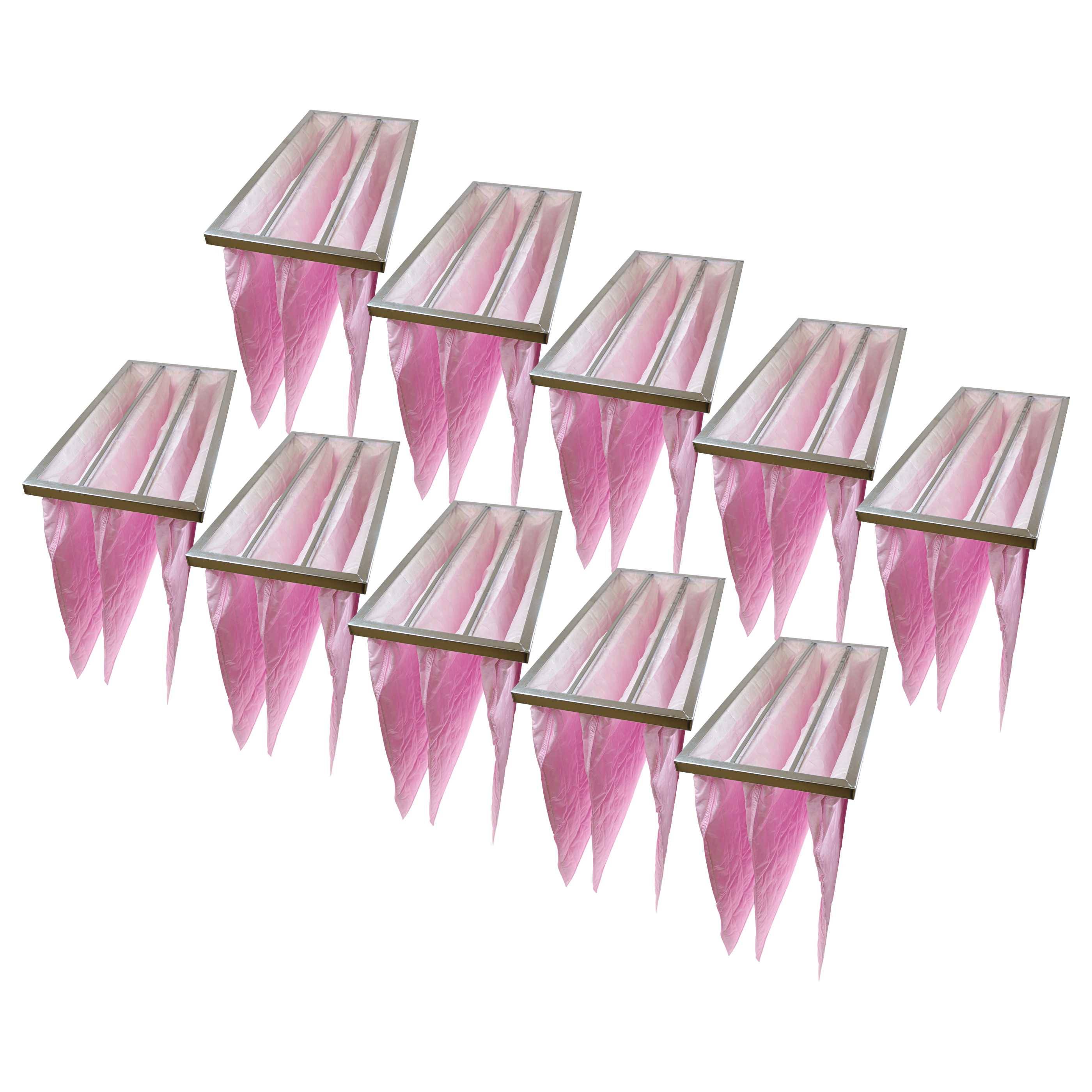 Mehrere schwebende rosa-weiße dreieckige Wimpel oder kristallähnliche 3D-Formen in gestaffelten Reihen auf weißem Hintergrund angeordnet.