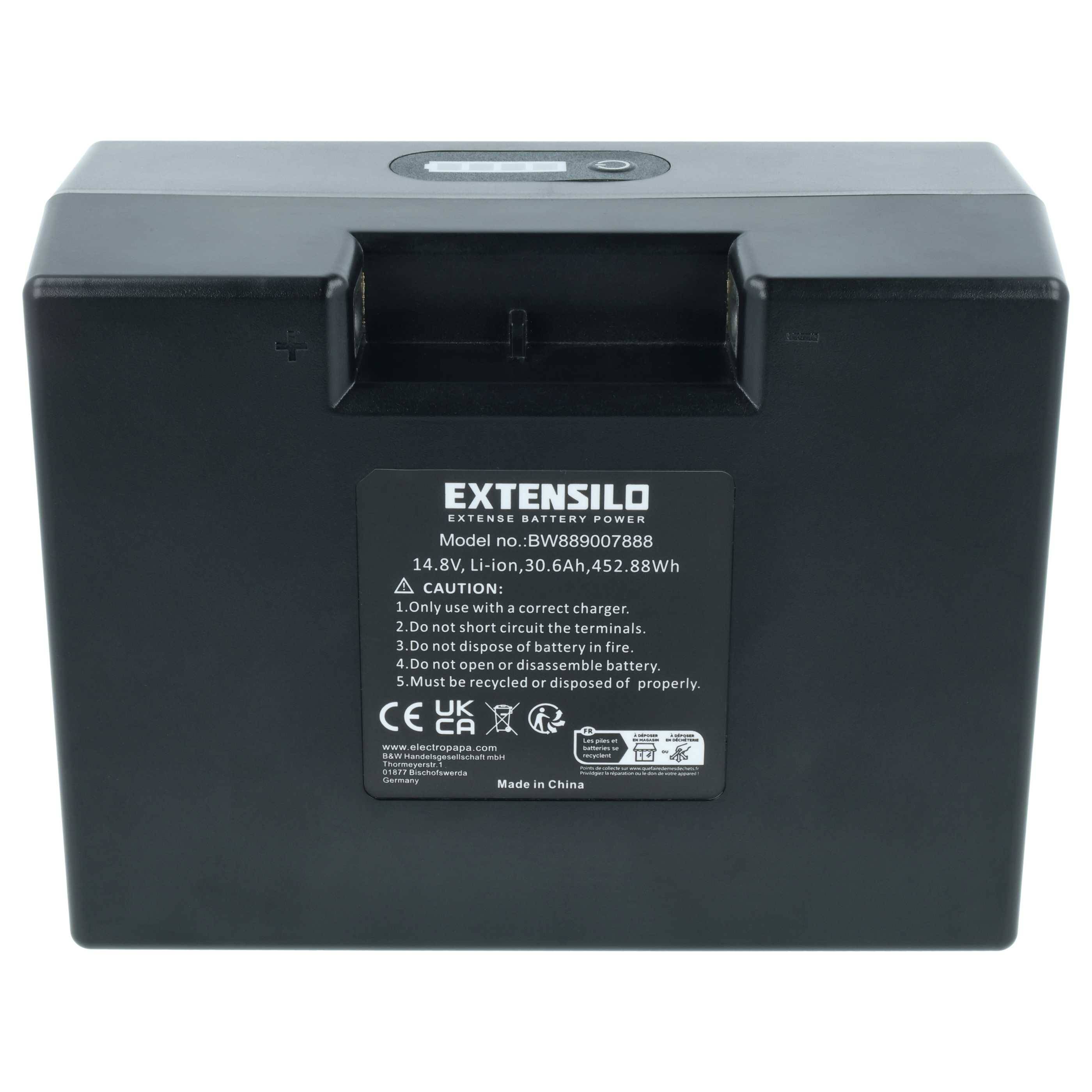 EXTENSILO Akku kompatibel mit Hill Billy Elektro-Trolley Caddy | (30,6 Ah, 14,8 V, Li-Ion, inkl. Ladegerät)