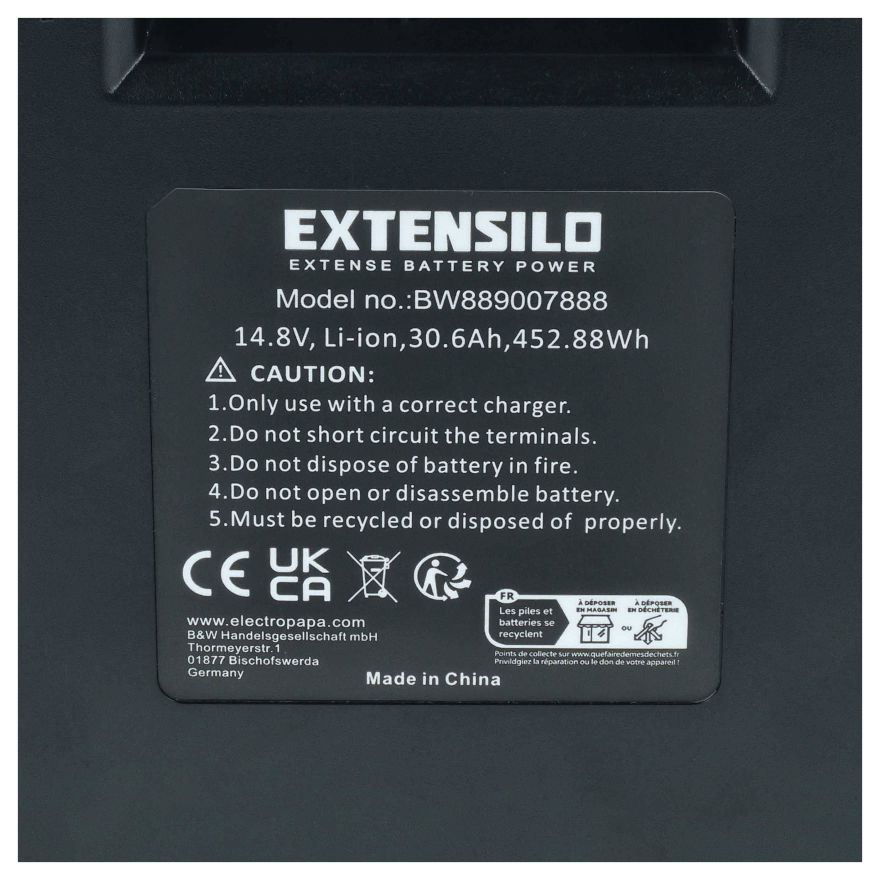 EXTENSILO Akku kompatibel mit Hill Billy Elektro-Trolley Caddy | (30,6 Ah, 14,8 V, Li-Ion, inkl. Ladegerät)