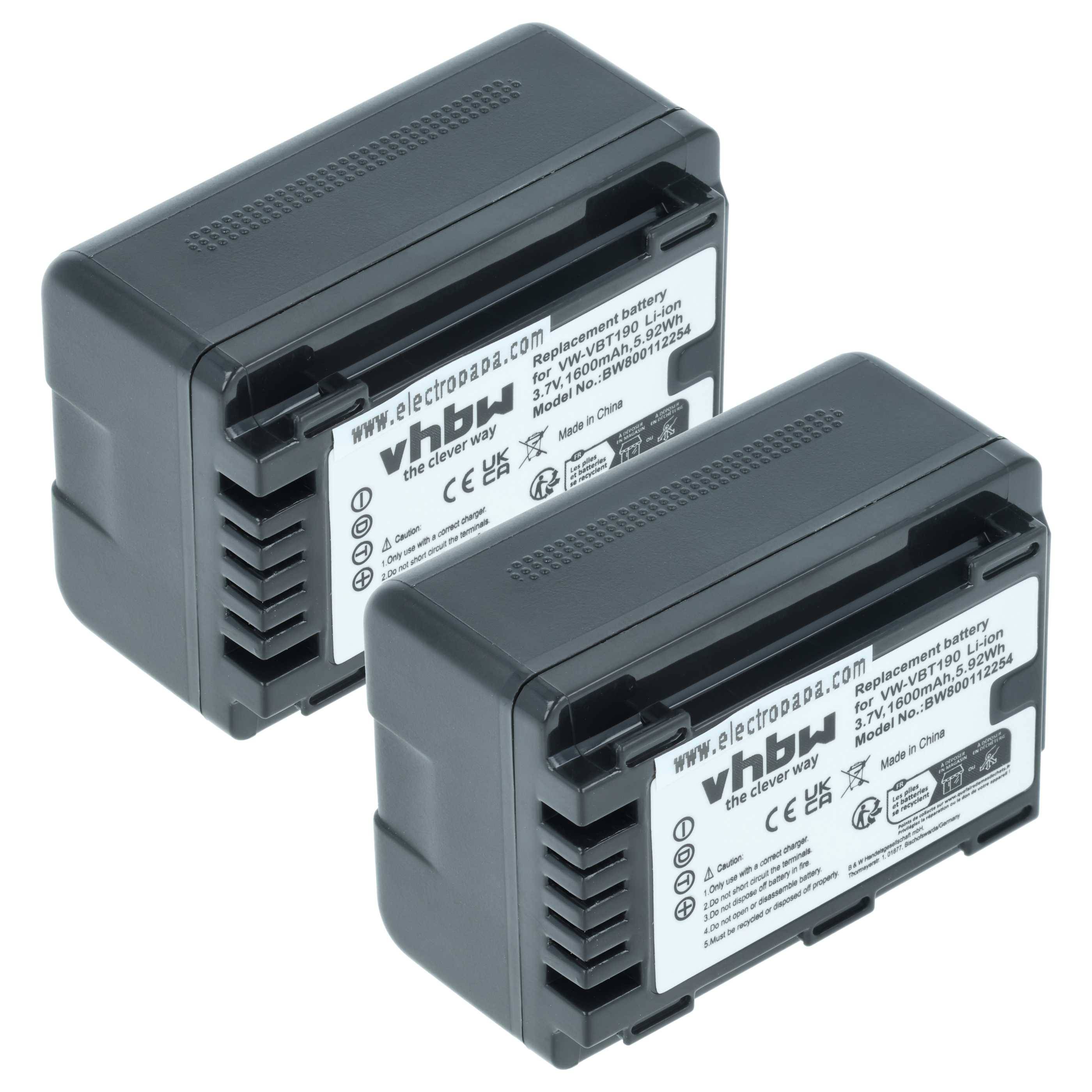 vhbw 2x Akku kompatibel mit Panasonic HC-V720, HC-V720GK, HC-V520MGK Videokamera Camcorder (1600 mAh, 3,6 V, Li-Ion) + Infochip