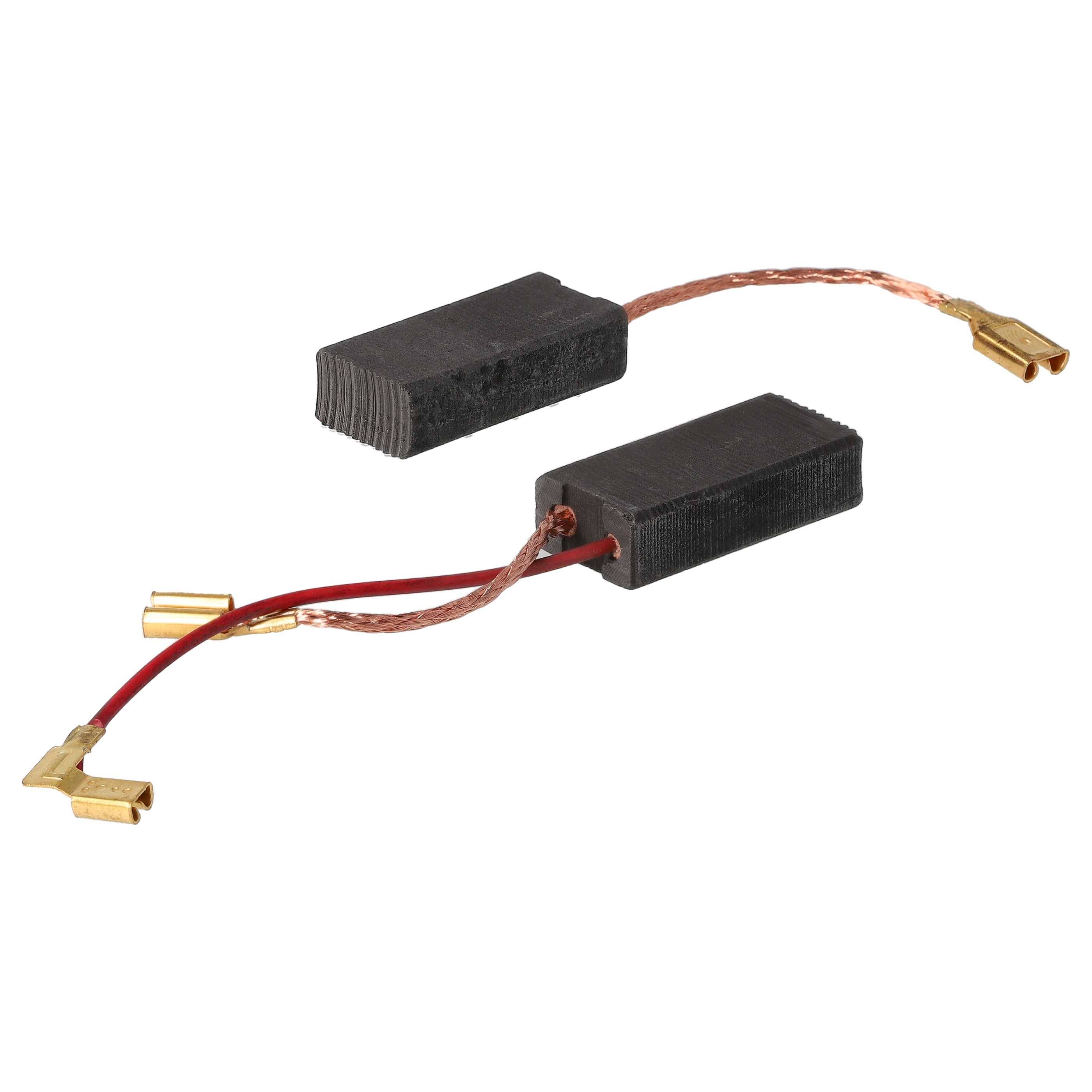 Zwei Kohlebürsten für Motoren mit geflochtenen Kupferleitern und Messingverbindern auf weißem Hintergrund.