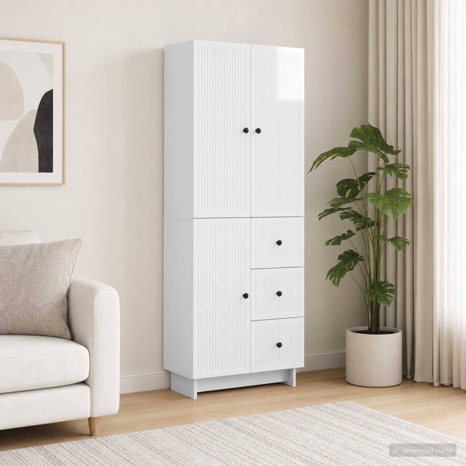 Weiß hohes Lagerschrank mit zwei oberen Türen und drei unteren Schubladen in einem hellen Wohnzimmer neben einem Sofa, einer Pflanze und Vorhängen.