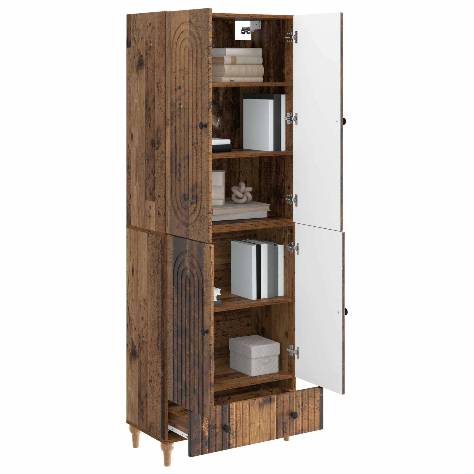 Hohes hölzernes Lagerschrank mit offenen Türen und Regalen, die Handtücher, Bücher, Kartons und eine Schublade am unteren Ende enthalten.