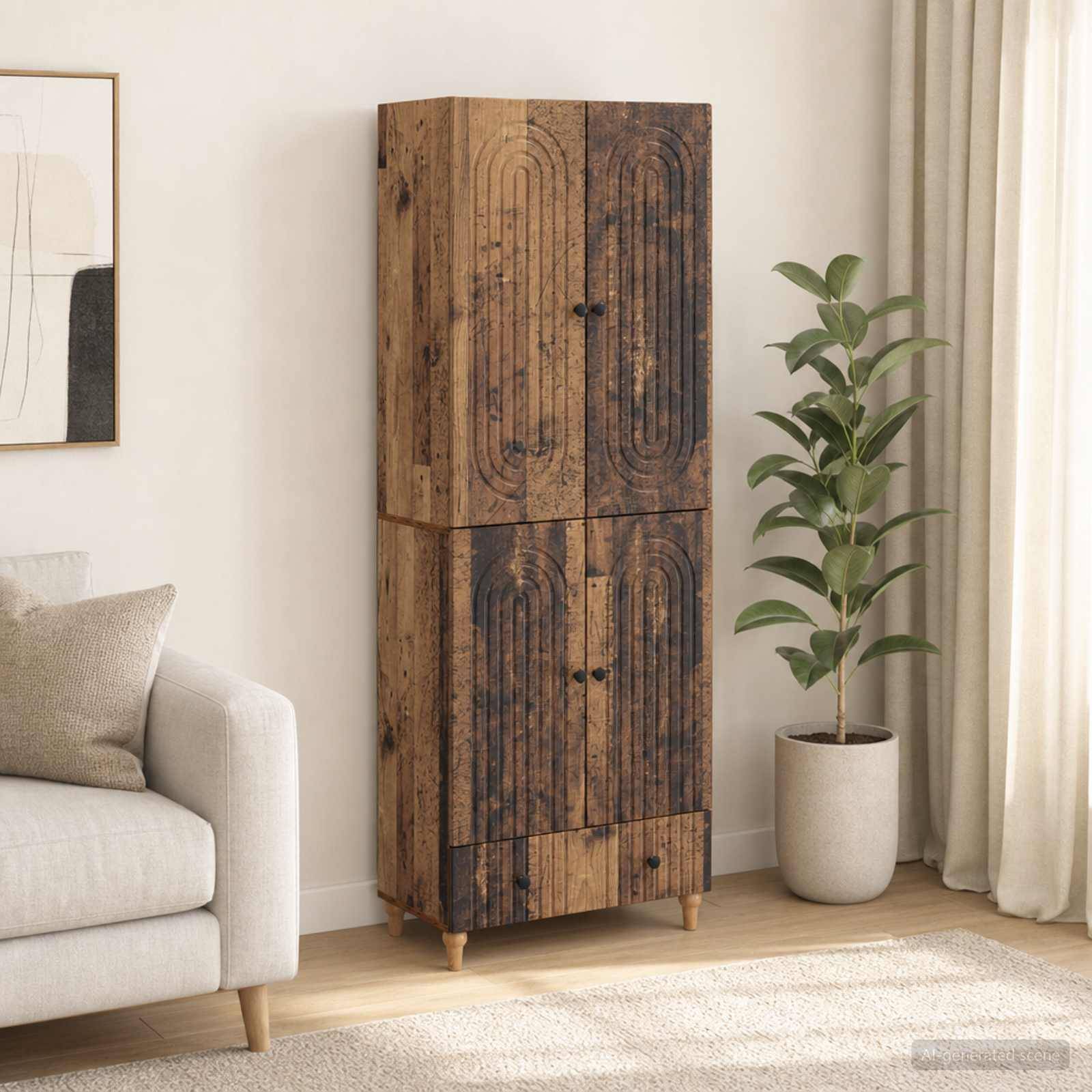 Hoher rustikaler Holzschrank mit zwei oberen Türen und zwei unteren Türen steht neben einer Topfpflanze in einem hellen, modernen Wohnzimmer.