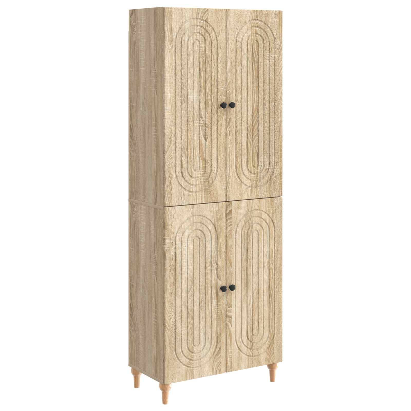 Hohes Lagerschrank aus hellem Holz mit zwei oberen und zwei unteren Türen, schwarzen Griffen und vier Beinen.
