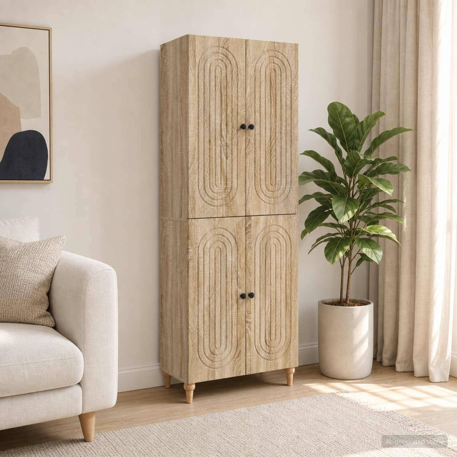 Ein hohes geflochtenes Holzschrank steht neben einer Topfpflanze in einem hellen Wohnzimmer, neben einem Sofa und Vorhängen.