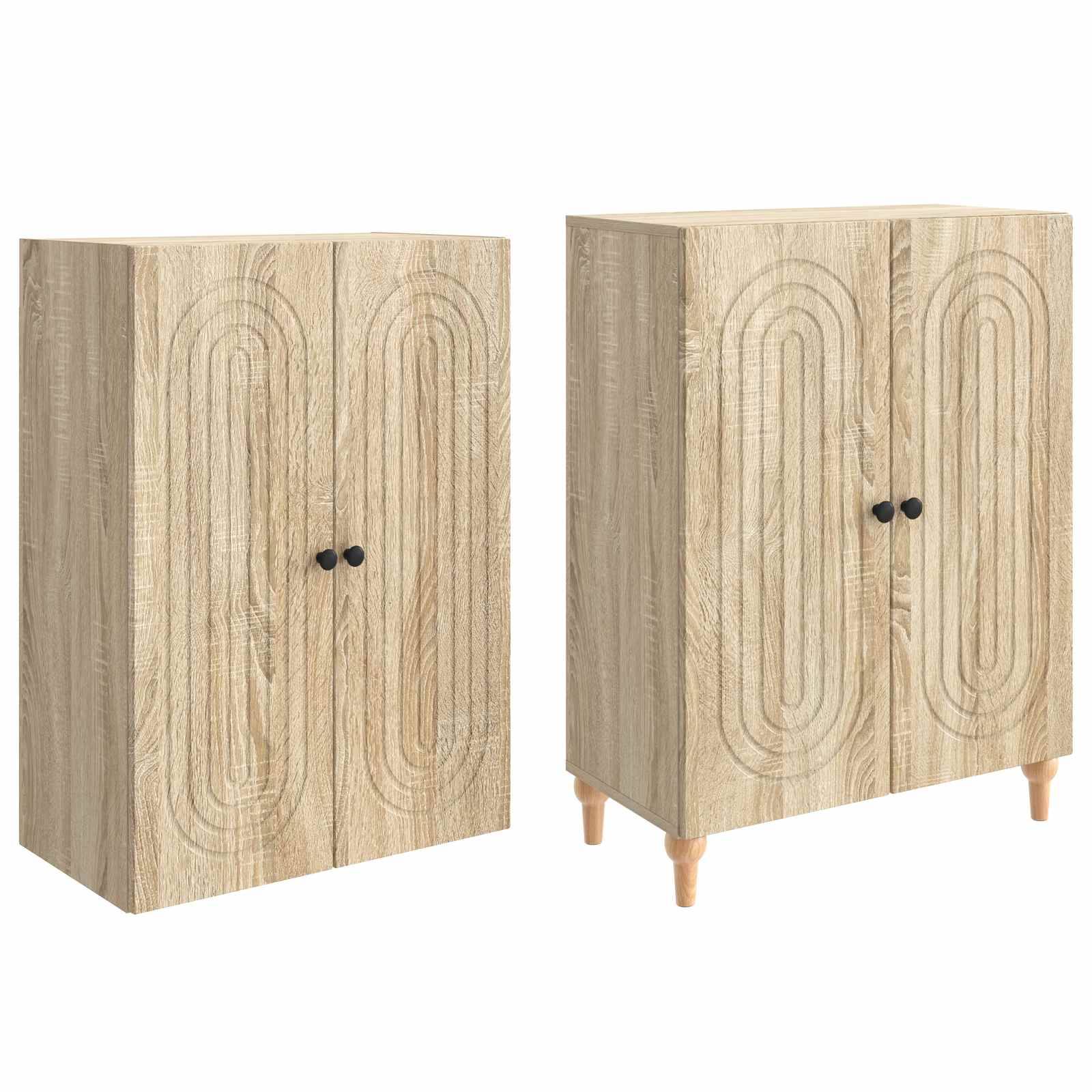 Zwei Ansichten eines Schranks aus hellem Holz mit Doppeltüren, schwarzen Griffen und eingraviertem Bogenmuster, gezeigt mit und ohne kurze Beine.