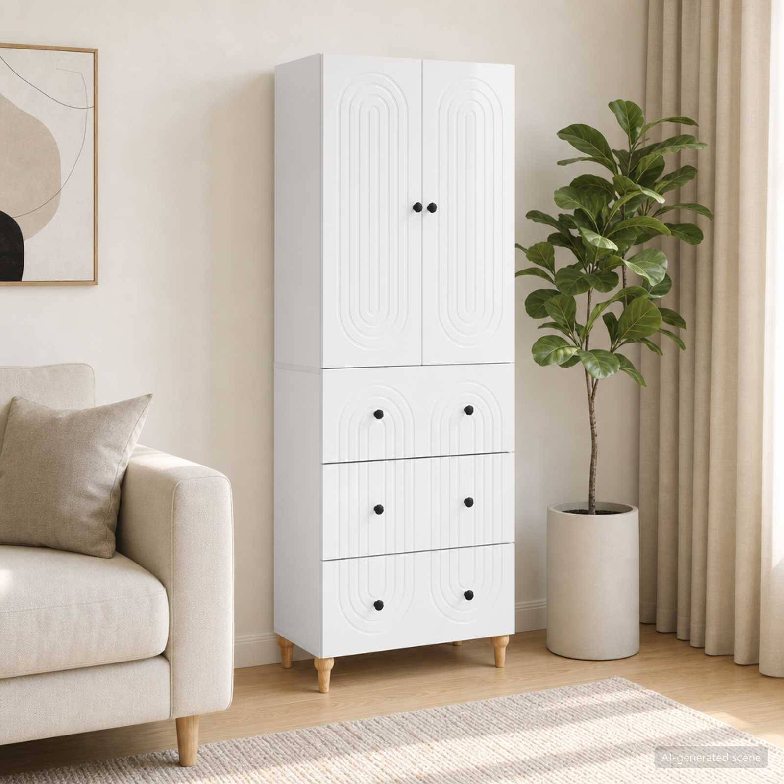 Weißer Schrank mit zwei oberen Türen und vier Schubladen in einem beigen Wohnzimmer, neben einer Topfpflanze und einem Sofa.