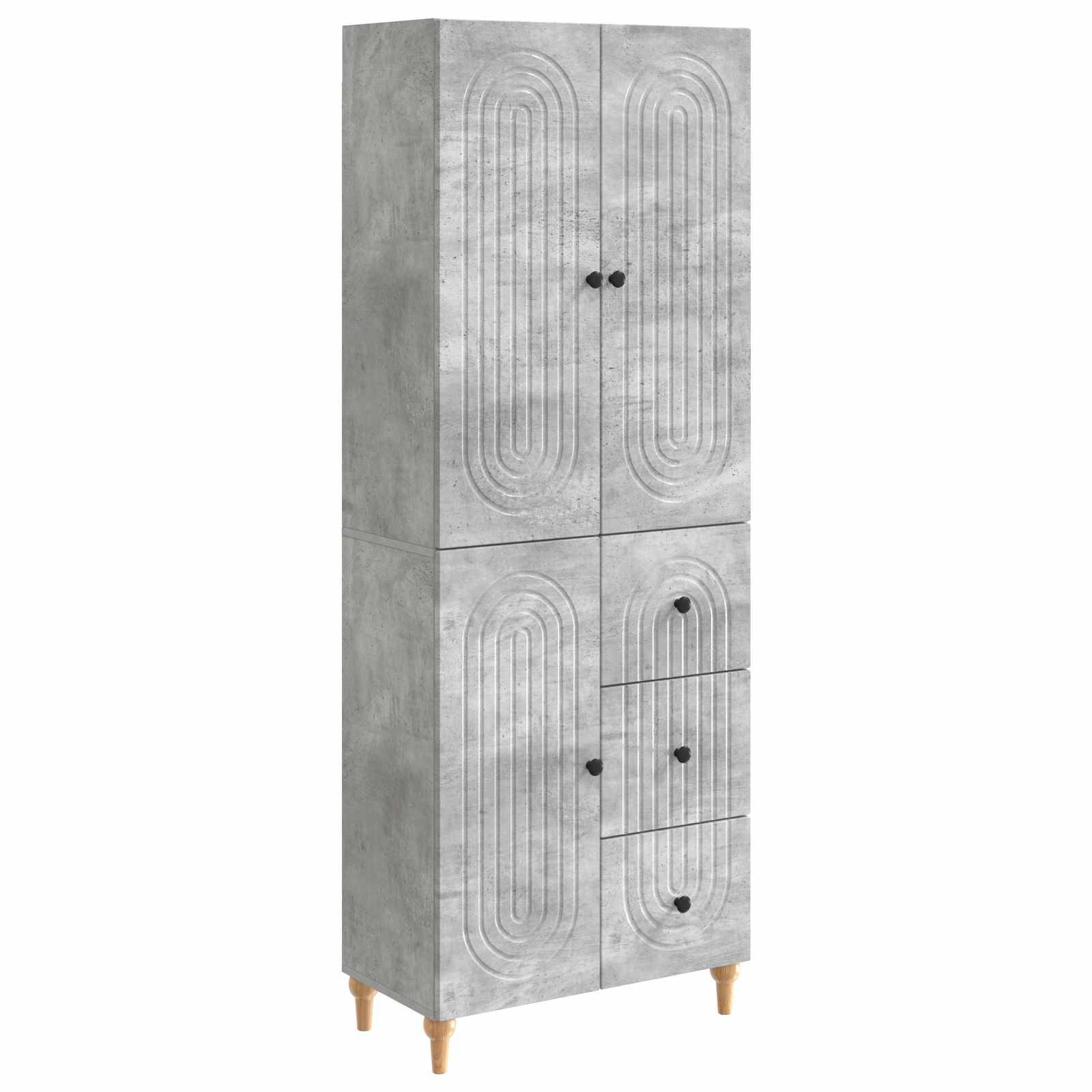 Hoher grauer Schrank mit zwei oberen Türen und drei unteren Schubladen, erhabene ovale Paneeldesigns und Holzbeinen.