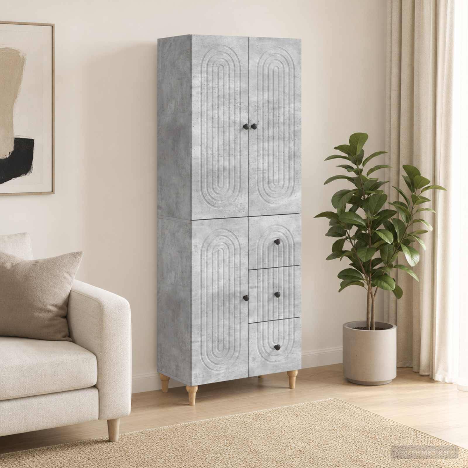Grauer gemusterter Schrank auf Holzbeinen in einem hellen Wohnzimmer neben einer Topfpflanze und einem Sofa in der Nähe eines Fensters.