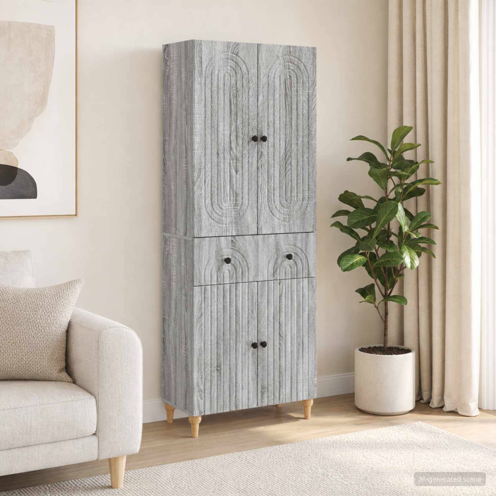 Grauer Speicherschrank mit Holzmaserung, Türen und Schubladen steht neben einer Topfpflanze in einem hellen Wohnzimmer, neben einem Sofa und einem Vorhang.