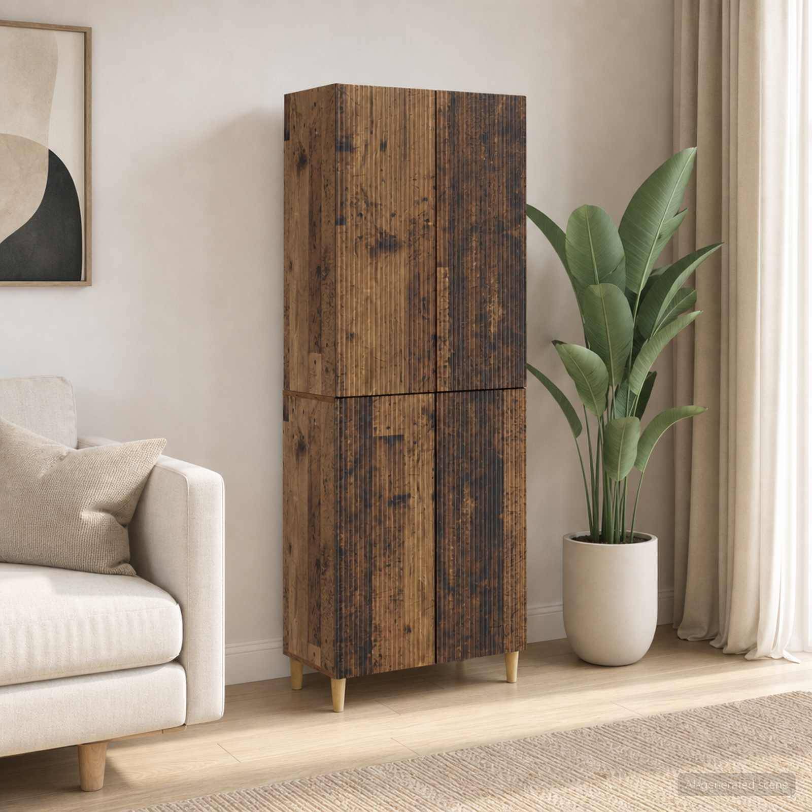 Ein hohes rustikales Holzschrank steht neben einer Topfpflanze in einem hellen, modernen Wohnzimmer mit einem Sofa und abstrakter Wandkunst.