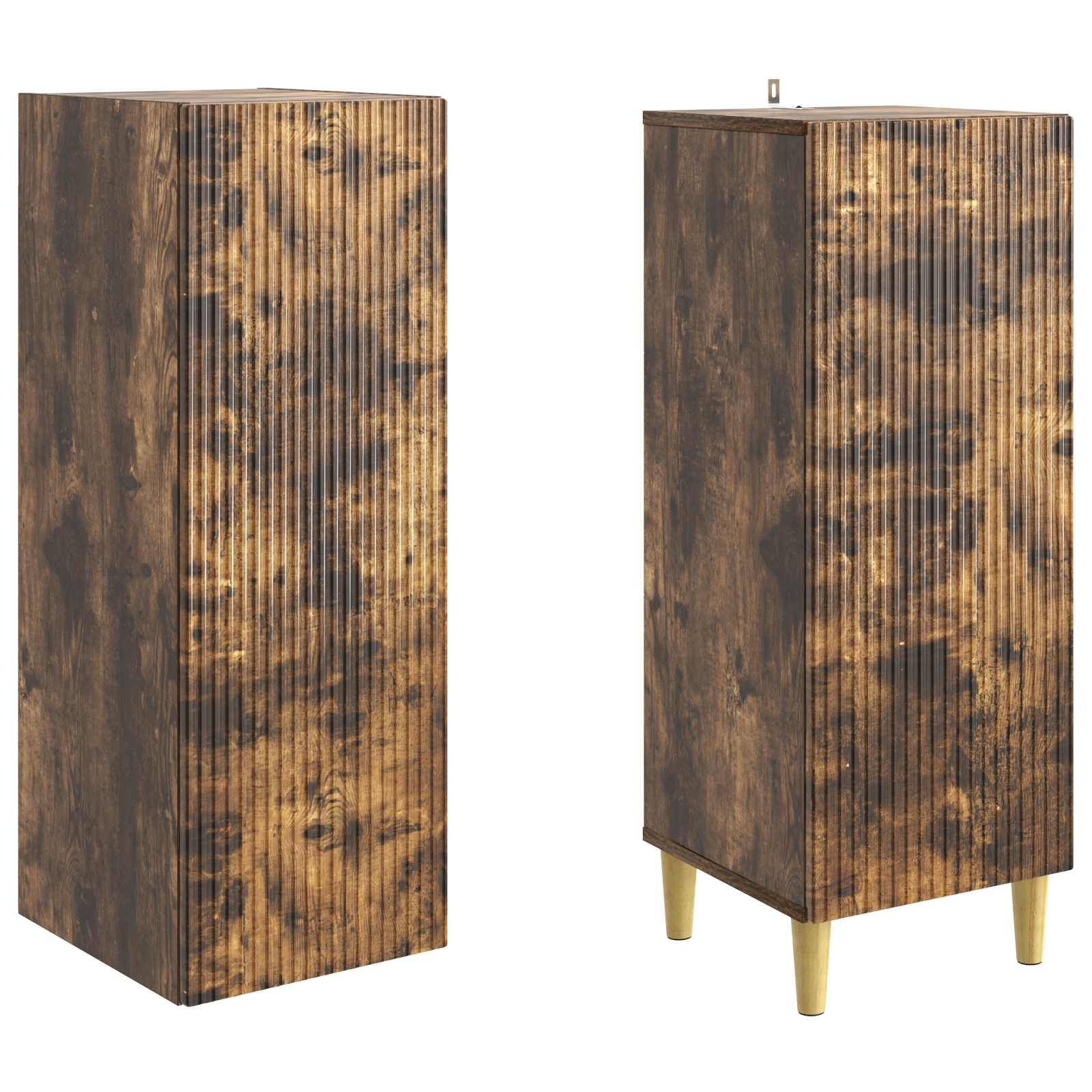 Zwei Ansichten eines hohen Schranks oder Beistelltisches mit Holzfinish, kannelierter Front, dunkler fleckiger Maserung und kegelstumpfförmigen Beinen bei einer Version.