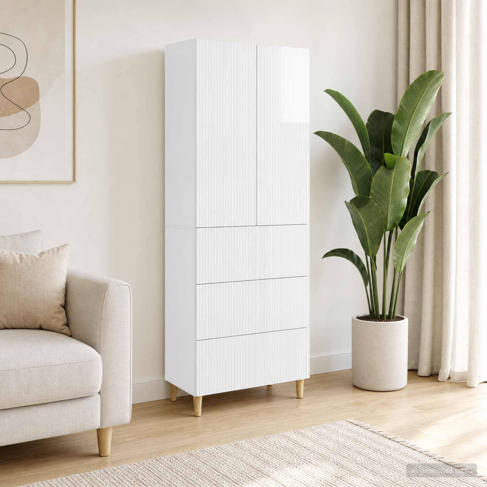 Modernes Wohnzimmer mit einem hohen weißen Schrank mit Schubladen neben einer Topfpflanze, neben einem Sofa und einem Vorhang.