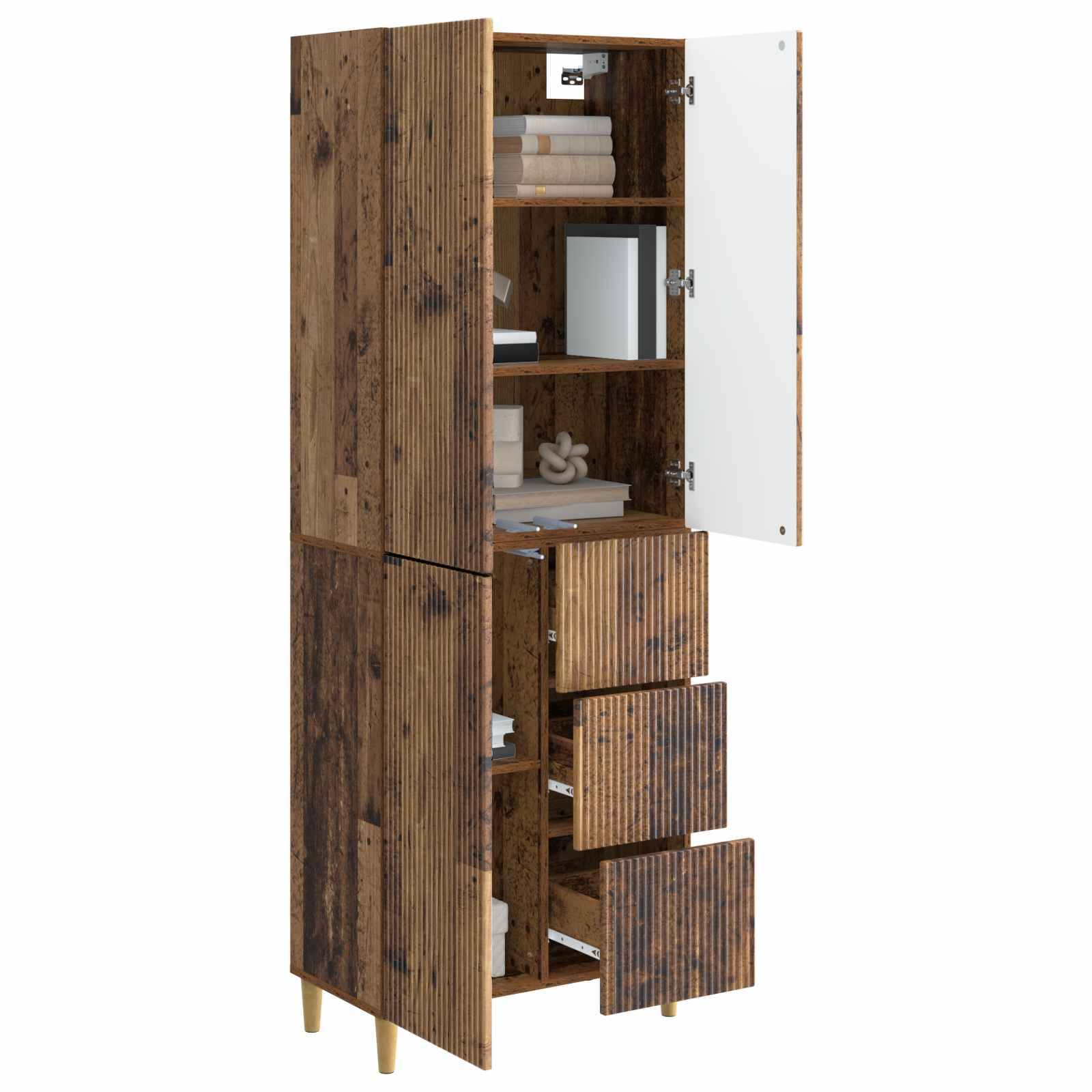 Hoher Holzschrank mit offenen Türen und drei ausziehbaren Schubladen, zeigt Regale und weißes Innere, isoliert auf einfachem Hintergrund.