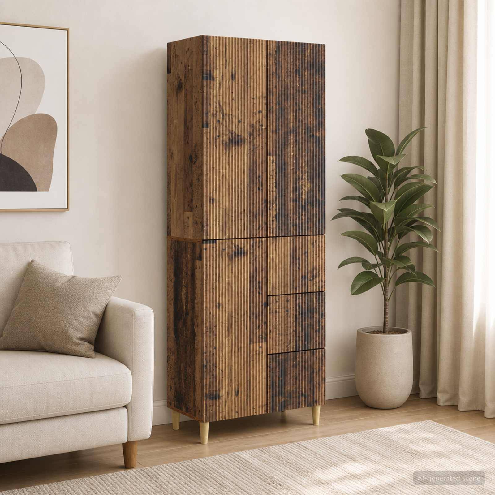 Hoher rustikaler Holzschrank mit strukturierten Paneelen steht neben einer Topfpflanze in einem hellen Wohnzimmer, neben einem beigen Sofa und Kunstwerken.