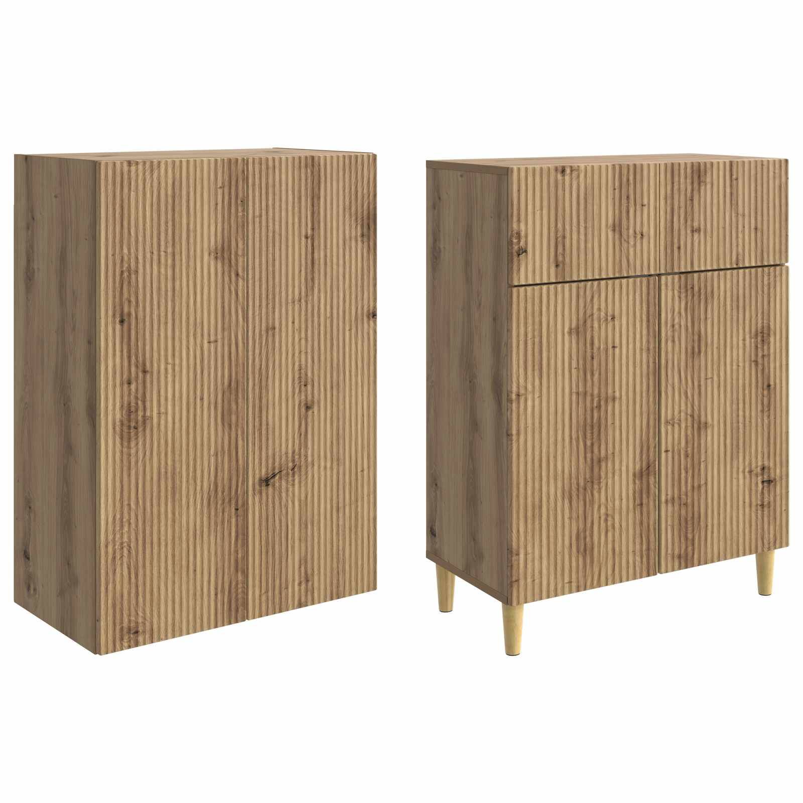 Zwei Holzlagerschränke mit vertikalen Latten; links mit zwei Türen, rechts mit zwei Schubladen und konischen Beinen auf weißem Hintergrund