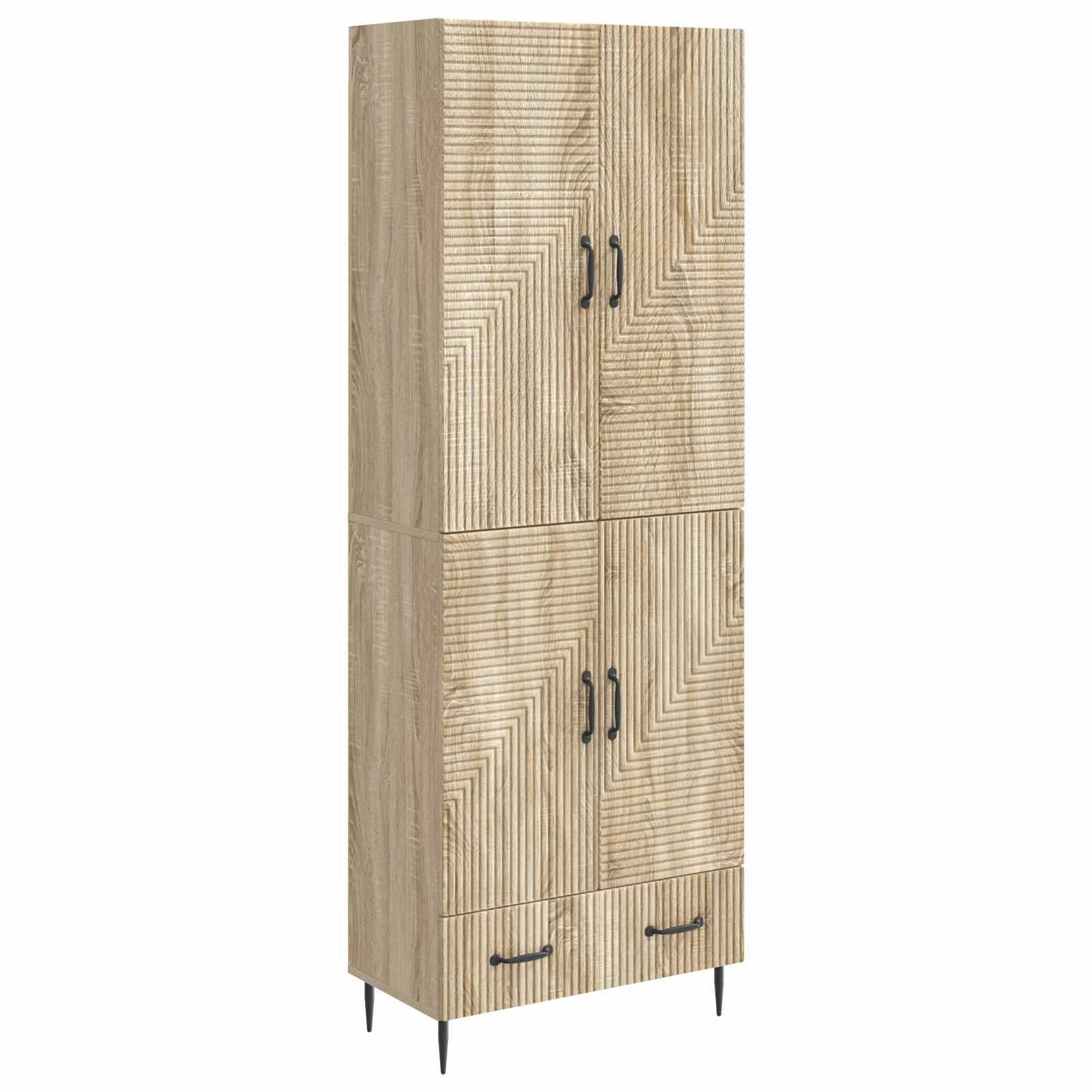 Hochschrank aus hellem Holz mit zwei oberen Türen, zwei unteren Türen und einer Schublade am unteren Ende auf sich verjüngenden schwarzen Beinen.