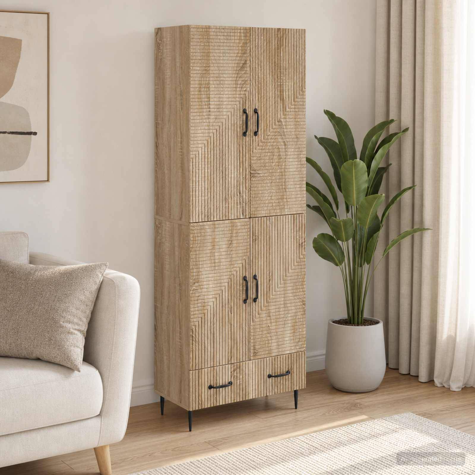 Hoher gerippter Holzlagerschrank mit schwarzen Griffen steht neben einer Topfpflanze in einem hellen, minimalistischen Wohnzimmer.