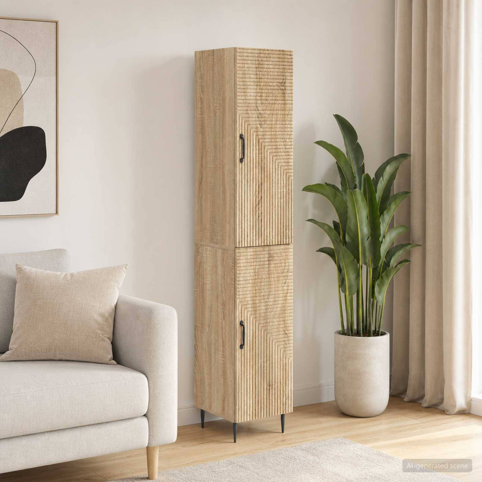 Minimalistisches Wohnzimmer mit beigem Sofa, hohem Holzschrank, Topfpflanze, abstrakter Wandkunst und transparenten Vorhängen an einem hellen Fenster.