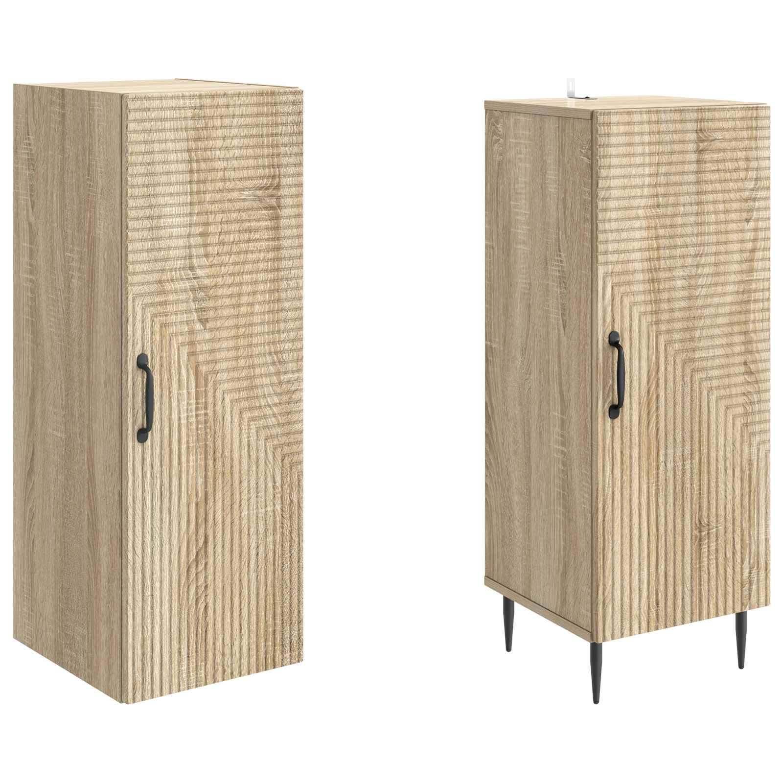 Zwei Ansichten eines hohen Schranks mit Holzfinish und einer einzelnen Fronttür mit schwarzem Griff; eine Version hat vier sich verjüngende Beine.