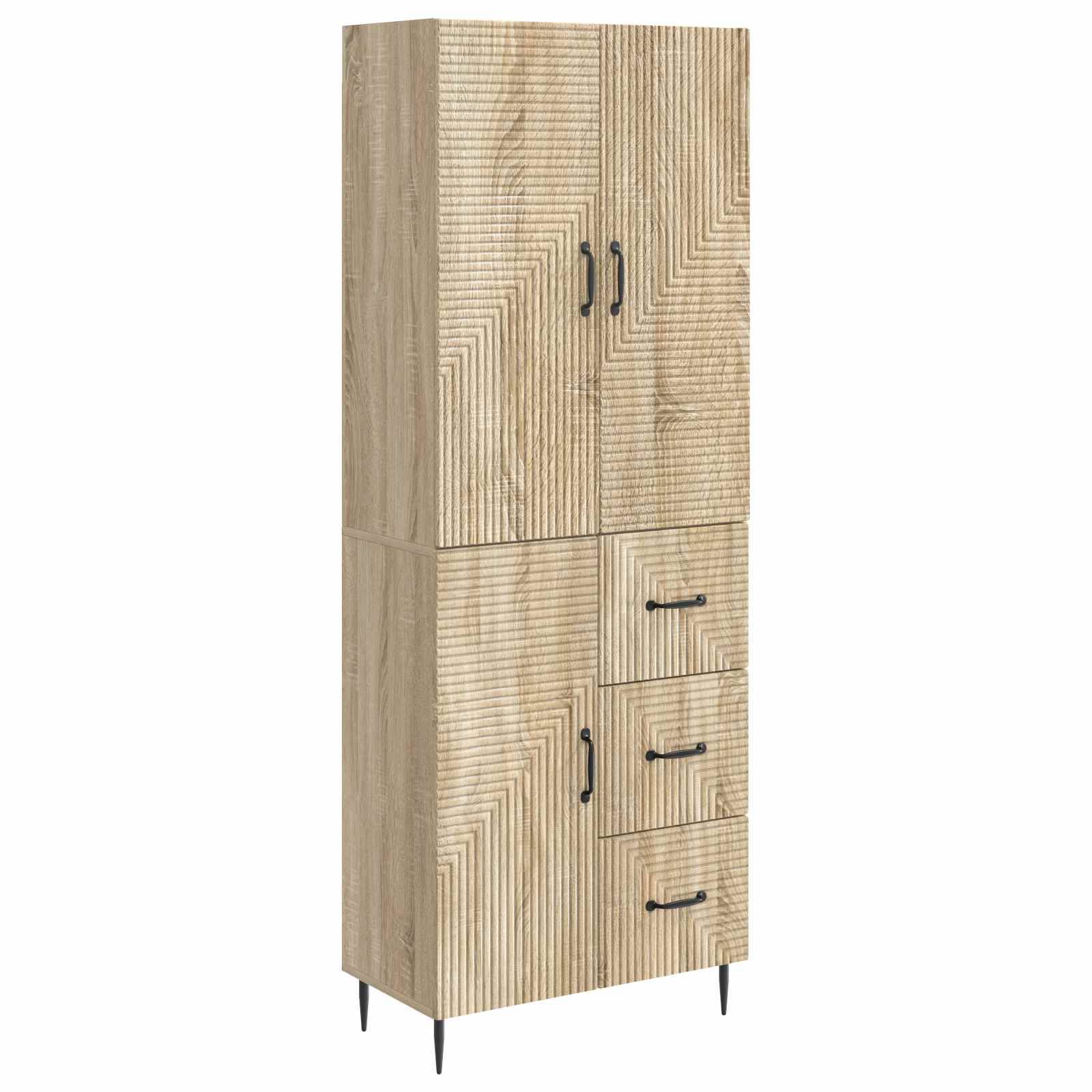 Hoher Holzlagerschrank mit zwei oberen Türen und vier unteren Schubladen, ausgestattet mit schwarzen Griffen und schlanken Metallbeinen.