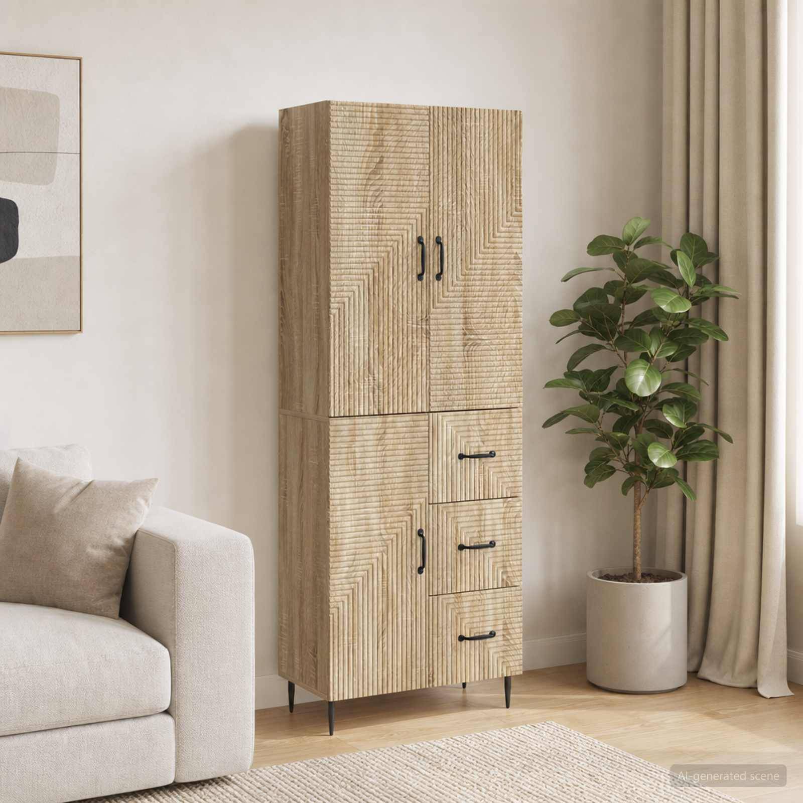 Ein hohes gemustertes Holzschrank mit schwarzen Griffen steht im Wohnzimmer neben einem Sofa, einer Topfpflanze und Vorhängen.