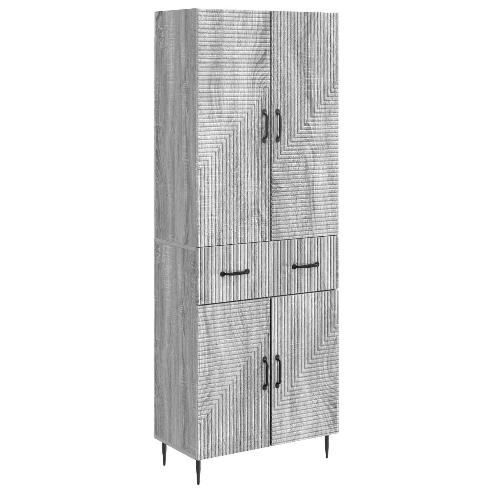 Hoher grauer Holz-Lagerschrank mit zwei oberen Türen, zwei mittleren Schubladen, zwei unteren Türen und schlanken schwarzen Beinen.