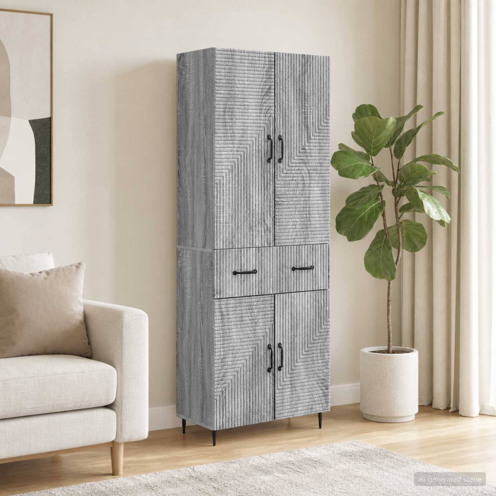Moderner grauer Schrank mit geometrischem Muster steht zwischen einem beigefarbenen Sofa und einer Topfpflanze in einem hellen Wohnzimmer.