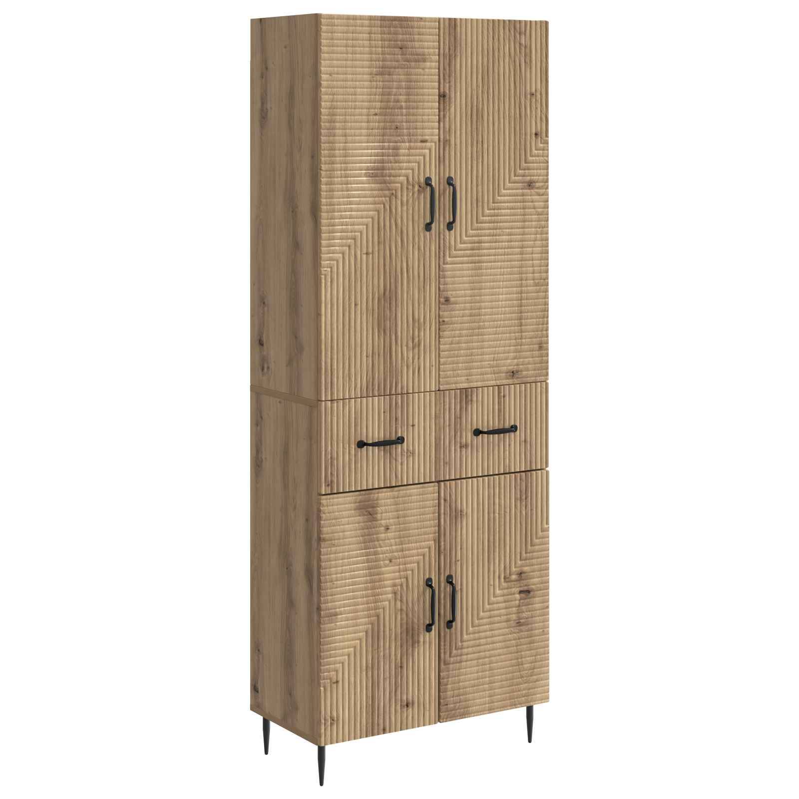 Hoher Holzschrank mit vier Türen und zwei kleinen Schubladen, mit schwarzen Griffen und konischen Beinen.