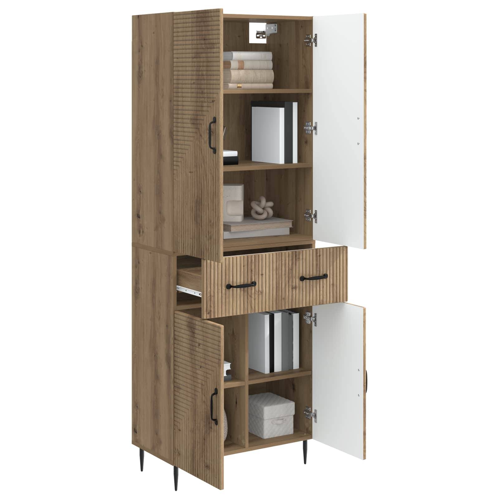 Holzlagerschrank mit offenen Regalen, Schubladen und mehreren geöffneten Türen, die Bücher, Handtücher und Kartons zeigen.