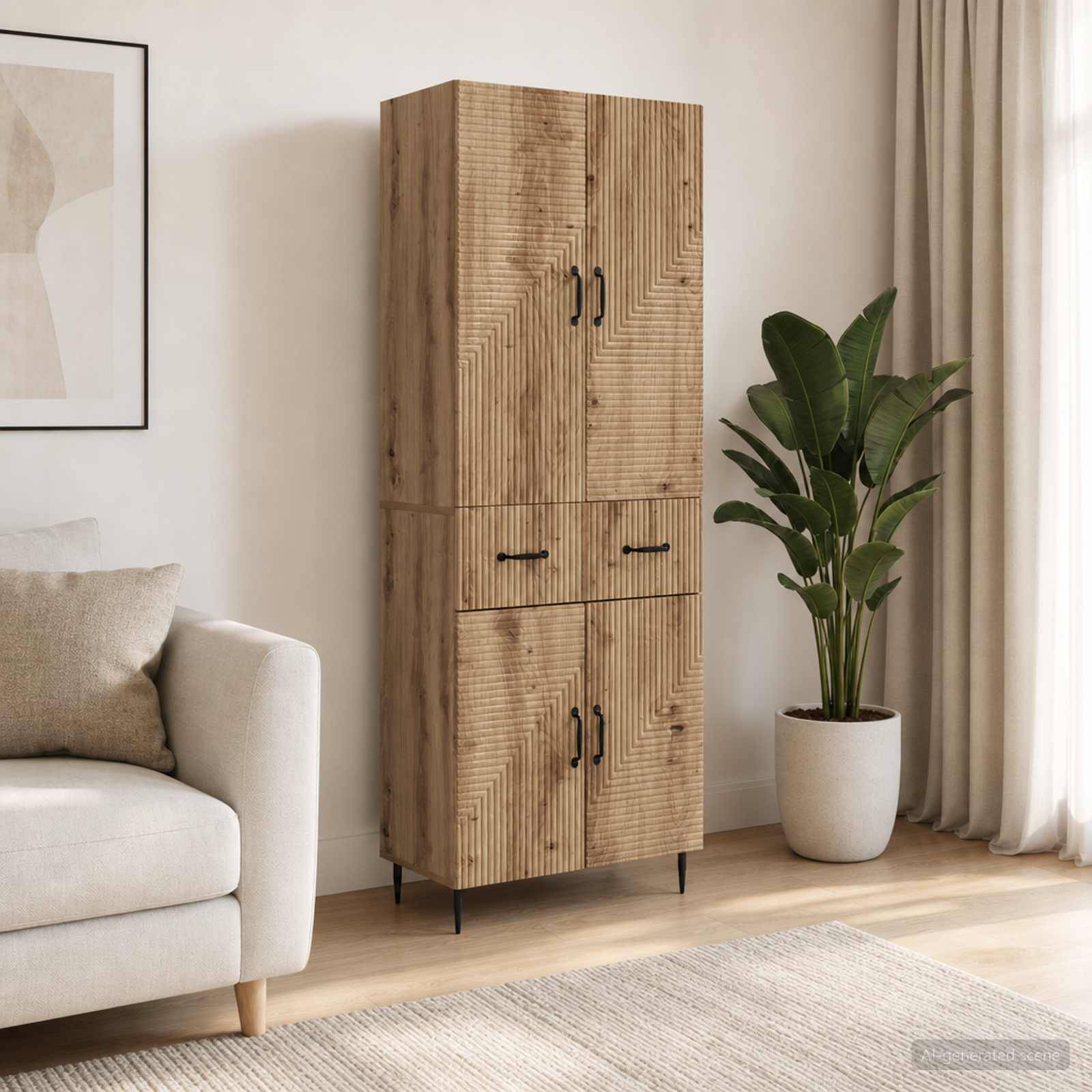 Hoher Holzschrank mit geometrischem Maserungsmuster und schwarzen Griffen, neben einer Topfpflanze in einem hellen, minimalistischen Wohnzimmer stehend.