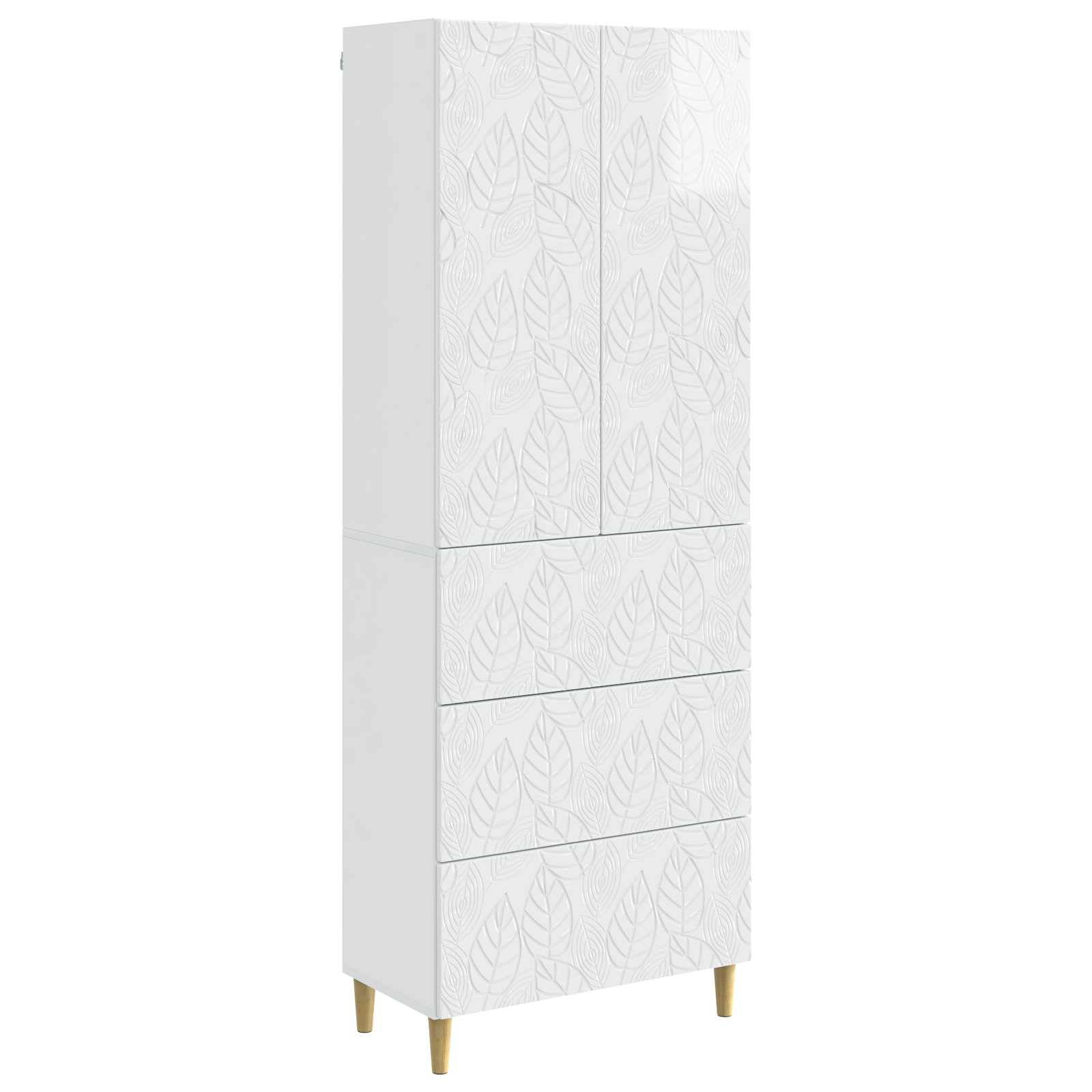 Weißer hoher Schrank mit blattgemusterten Frontpaneelen und goldenen Beinen, dargestellt auf einfarbigem weißem Hintergrund.