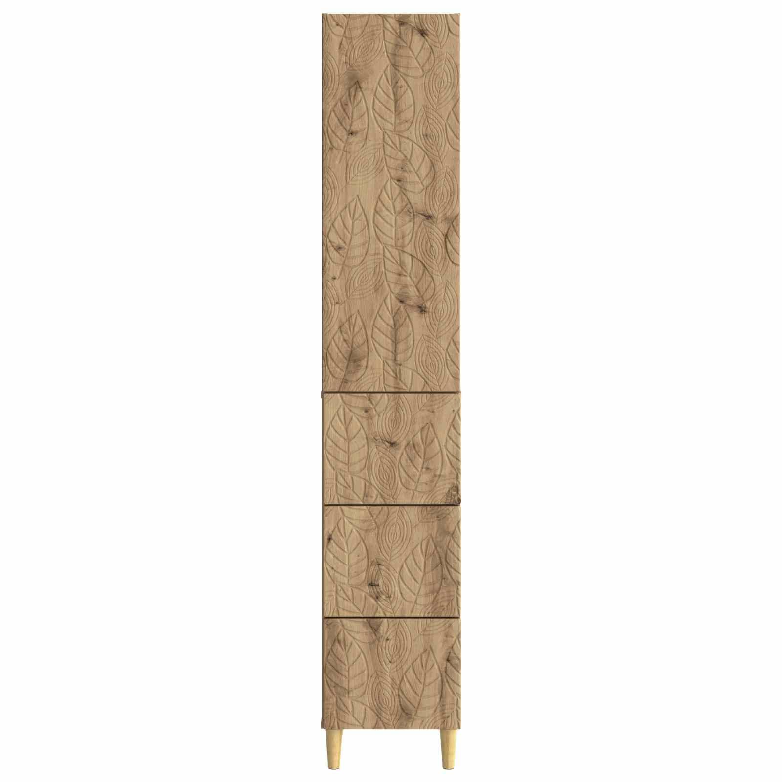 Hoher schmaler Holzschrank mit blattgemusterter Front und vier Schubladen, der auf kurzen Beinen steht.
