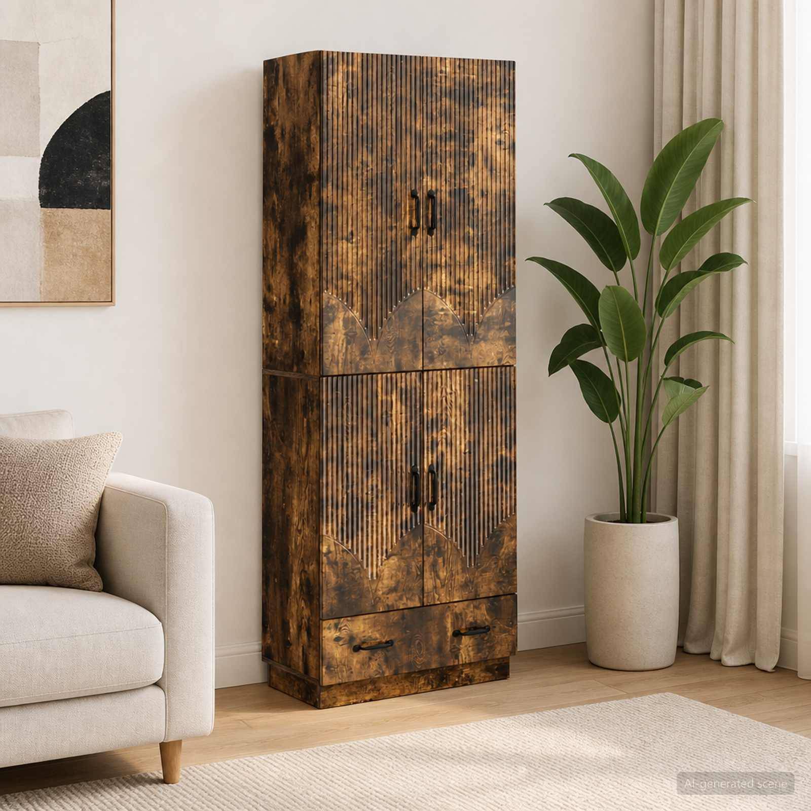 Hoher rustikaler Holzschrank mit geometrisch strukturierten Türen steht neben einer Topfpflanze in einem hellen Wohnzimmer.