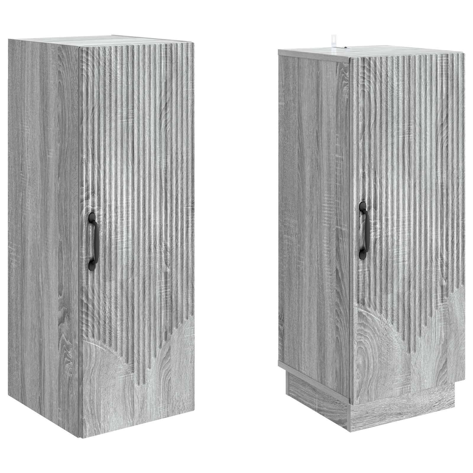 Zwei graue Holzschränke/Lagerbehälter mit vertikal gerippten Fronten und schwarzen Griffen, nebeneinander auf weißem Hintergrund abgebildet.