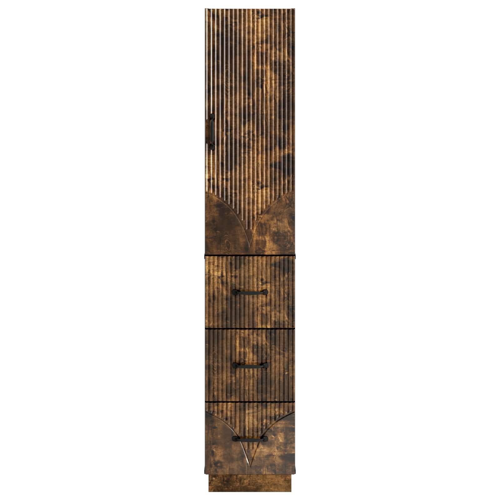 Hohes, schmalles Holzschrank oder Truhe mit vertikalen Lamellen, abgenutzter brauner Oberfläche und drei Schubladen mit Metallgriffen