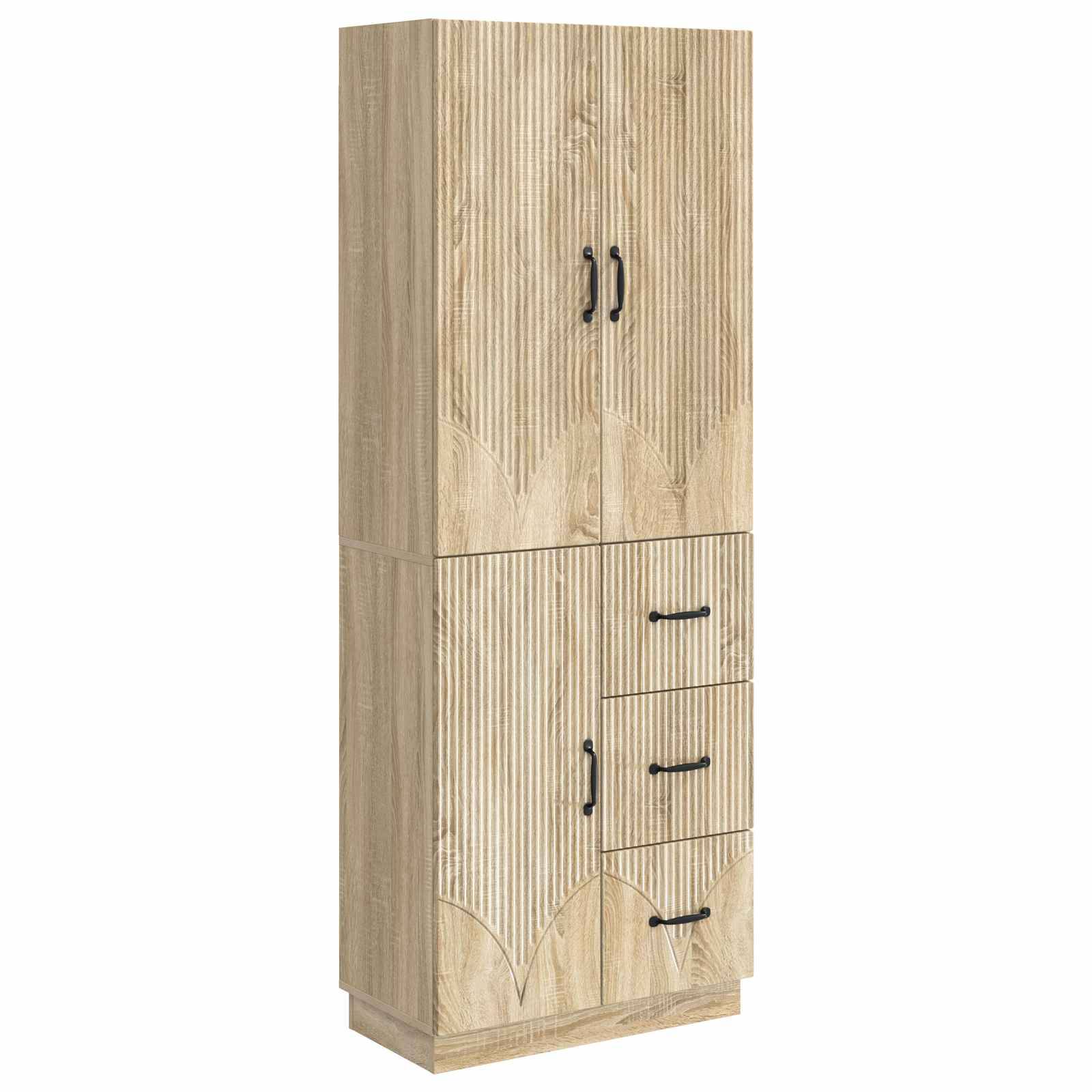 Hoher Kleiderschrank aus hellem Holz mit doppelten oberen Türen und drei Schubladen, dargestellt vor weißem Hintergrund.